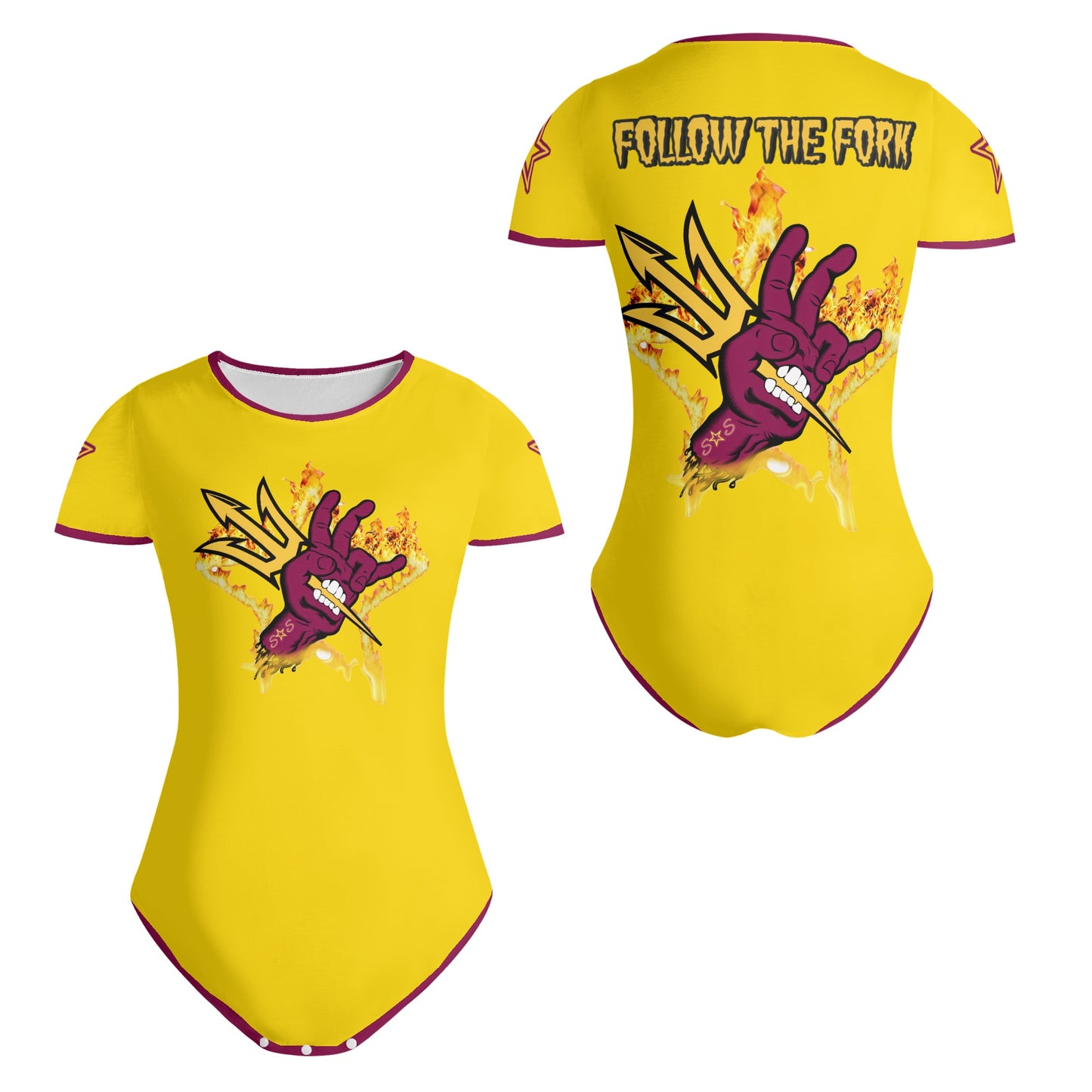 Sun Devil Follow The Fork Gold/Maroon Edition Womens Soft Short Sleeve Bodysuit