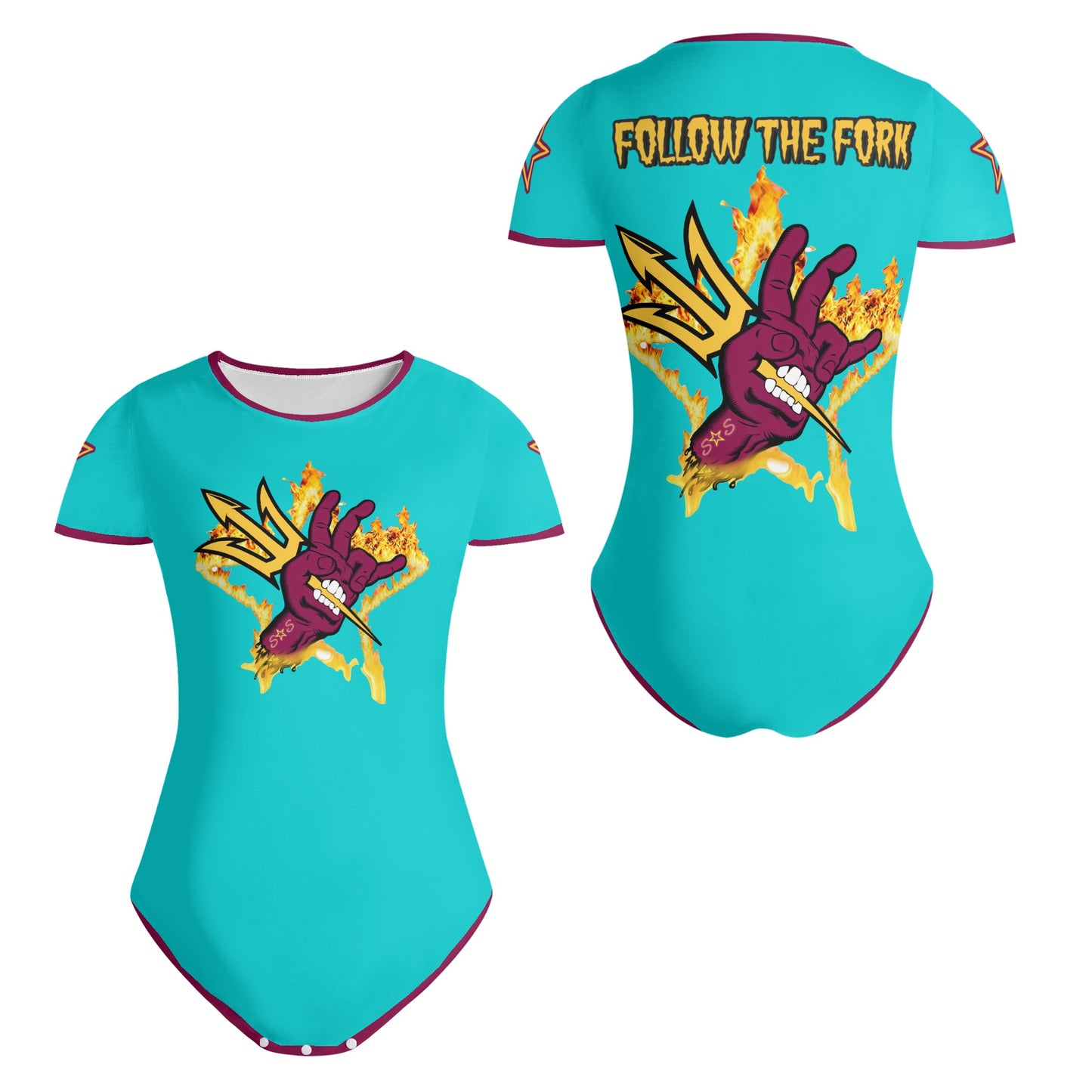 Sun Devil Follow The Fork Turquoise/Maroon Edition Womens Soft Short Sleeve Bodysuit