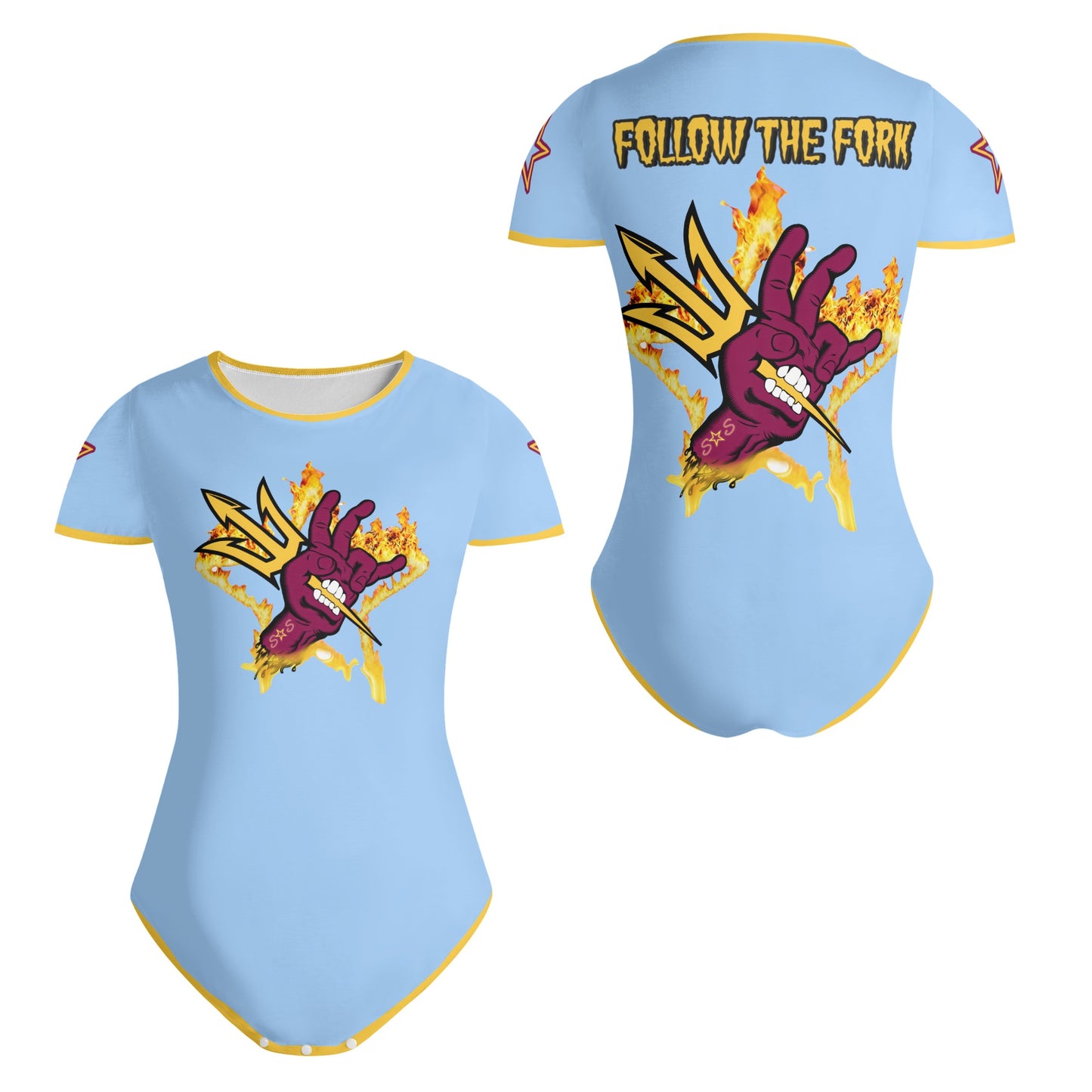 Sun Devil Follow The Fork SkyBlue/Gold Edition Womens Soft Short Sleeve Bodysuit