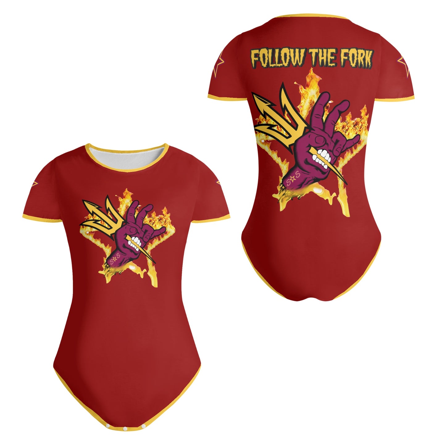 Sun Devil Follow The Fork Maroon/Gold Edition Womens Soft Short Sleeve Bodysuit