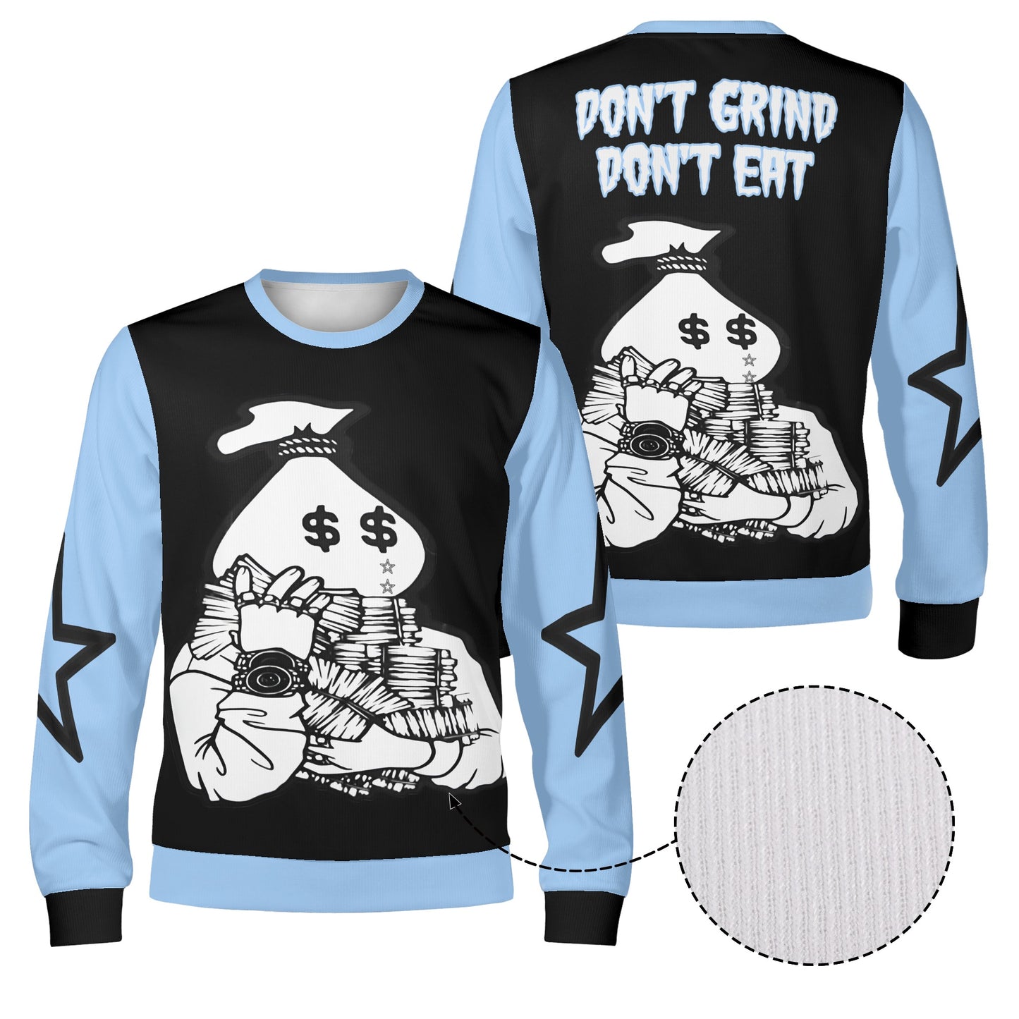 Money Man D.G.D.E (Dont Grind, Dont Eat) Black/SkyBlue Adult Crewneck Sweatshirt