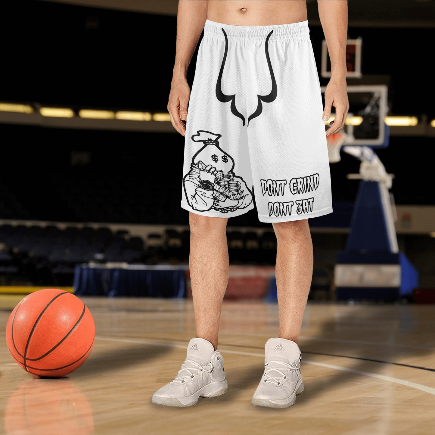 Money Man D.G.D.E (Dont Grind, Dont Eat) Mens White Basketball Shorts