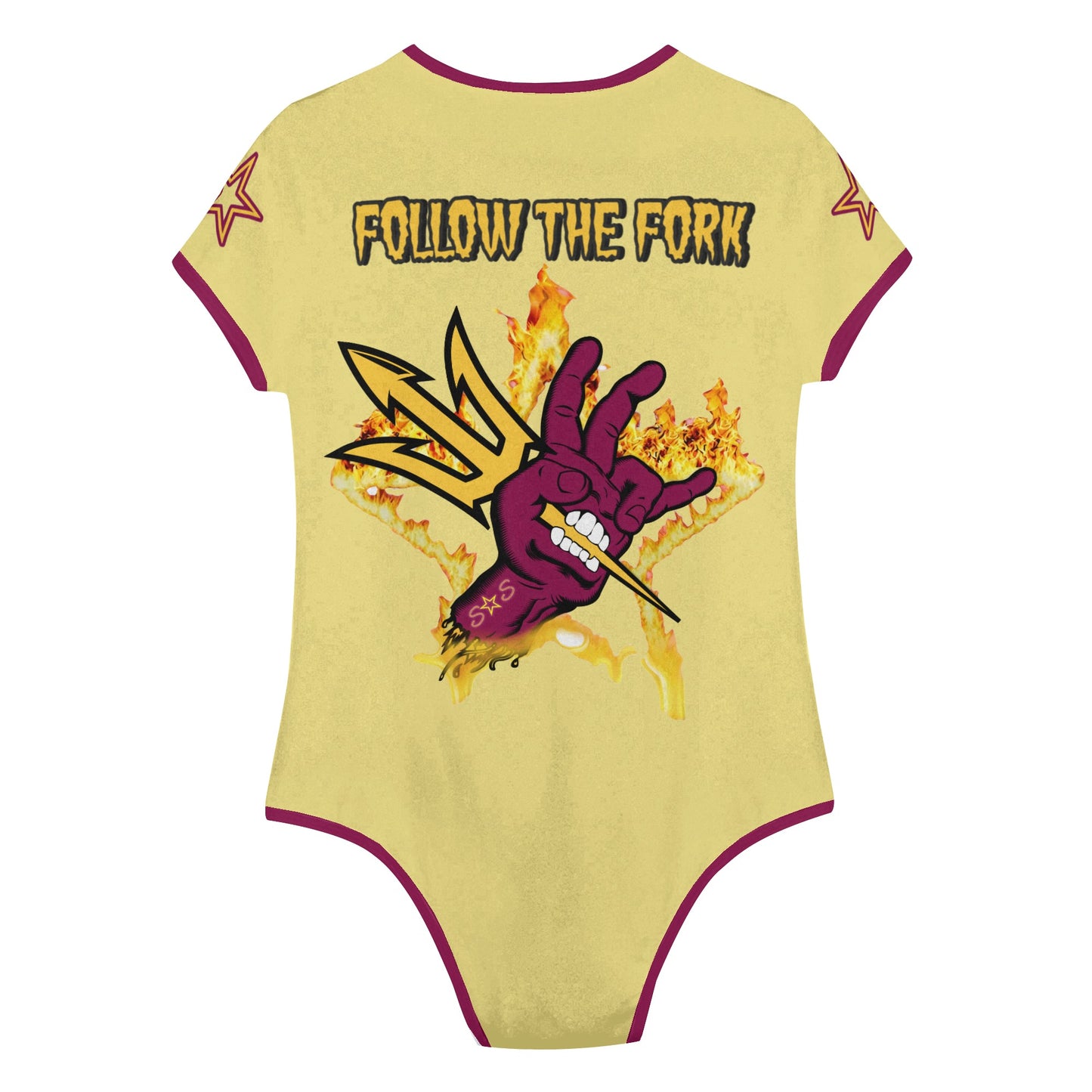 Sun Devil Follow The Fork Tan/Maroon Edition Womens Soft Short Sleeve Bodysuit