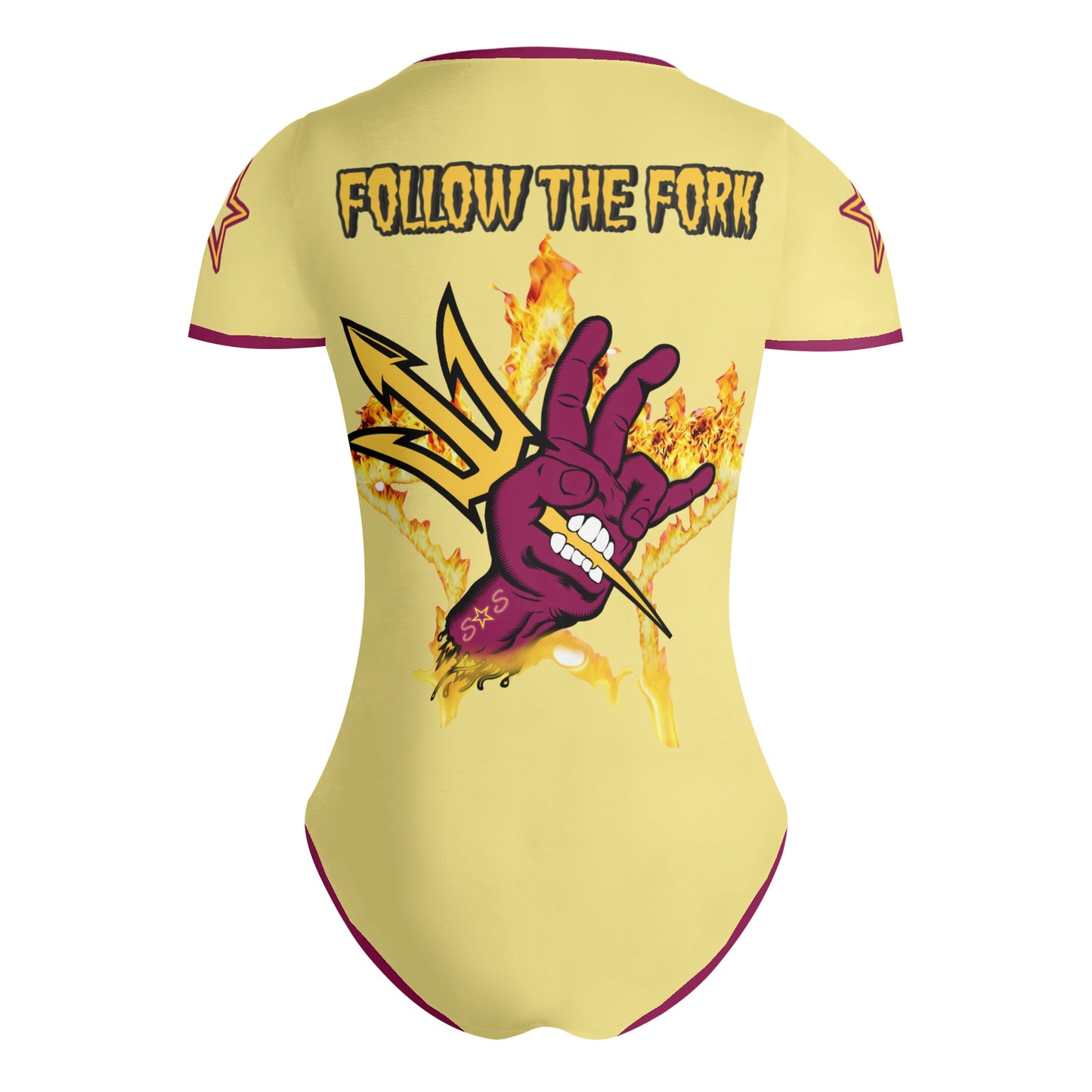 Sun Devil Follow The Fork Tan/Maroon Edition Womens Soft Short Sleeve Bodysuit