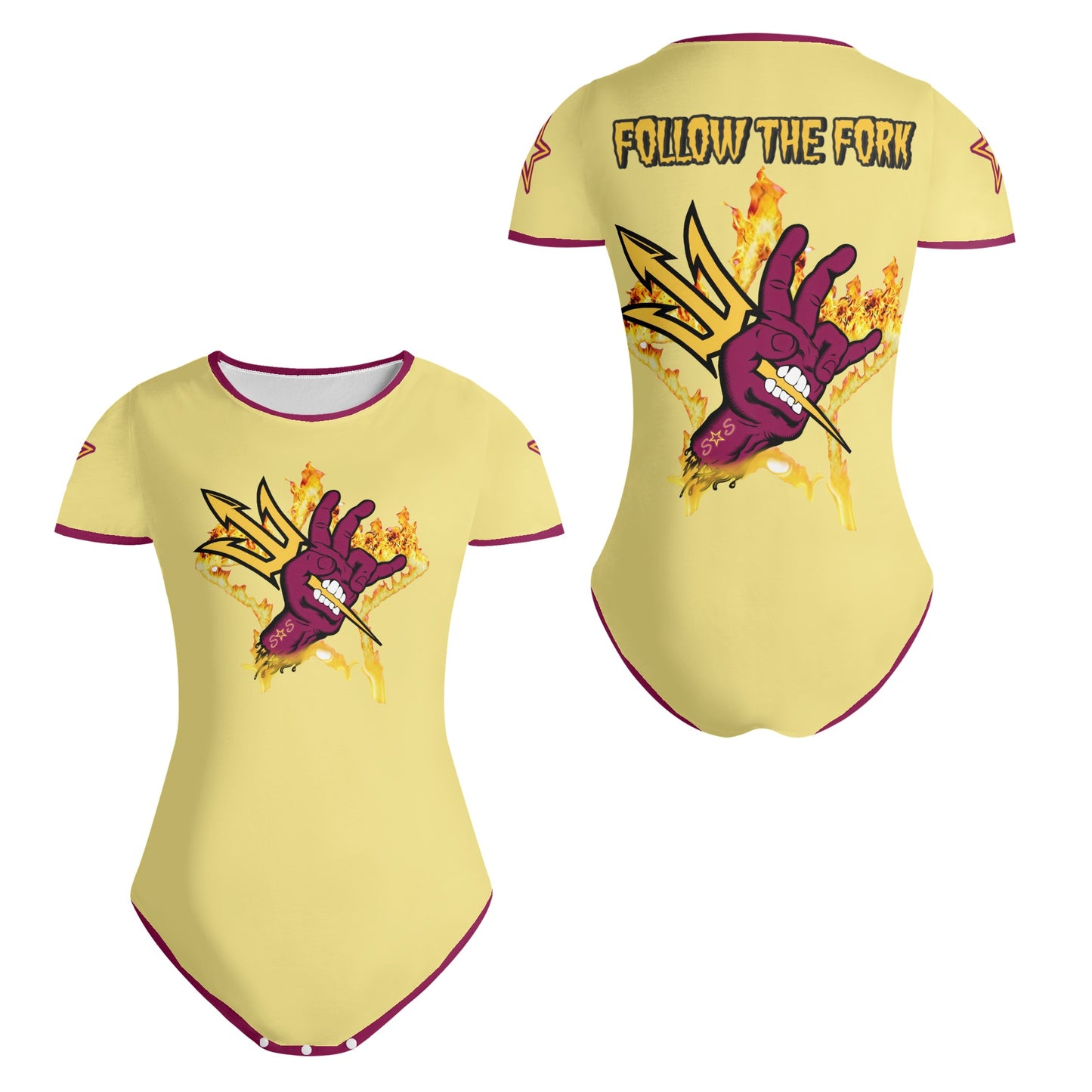 Sun Devil Follow The Fork Tan/Maroon Edition Womens Soft Short Sleeve Bodysuit