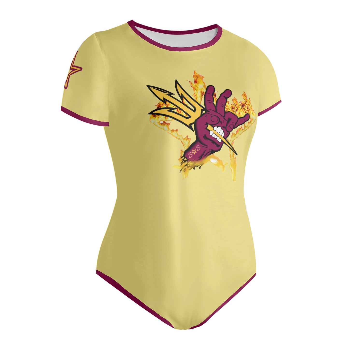 Sun Devil Follow The Fork Tan/Maroon Edition Womens Soft Short Sleeve Bodysuit