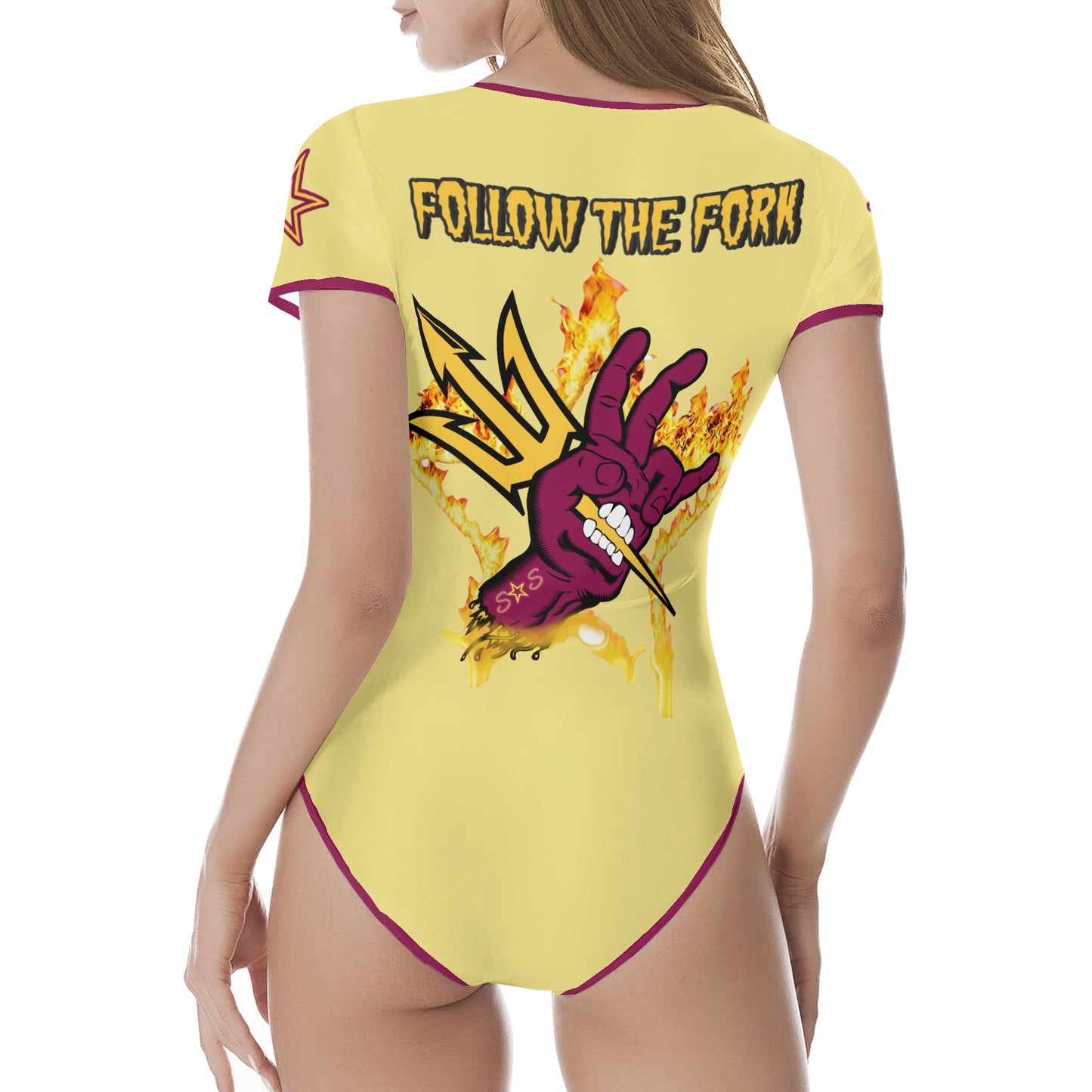 Sun Devil Follow The Fork Tan/Maroon Edition Womens Soft Short Sleeve Bodysuit