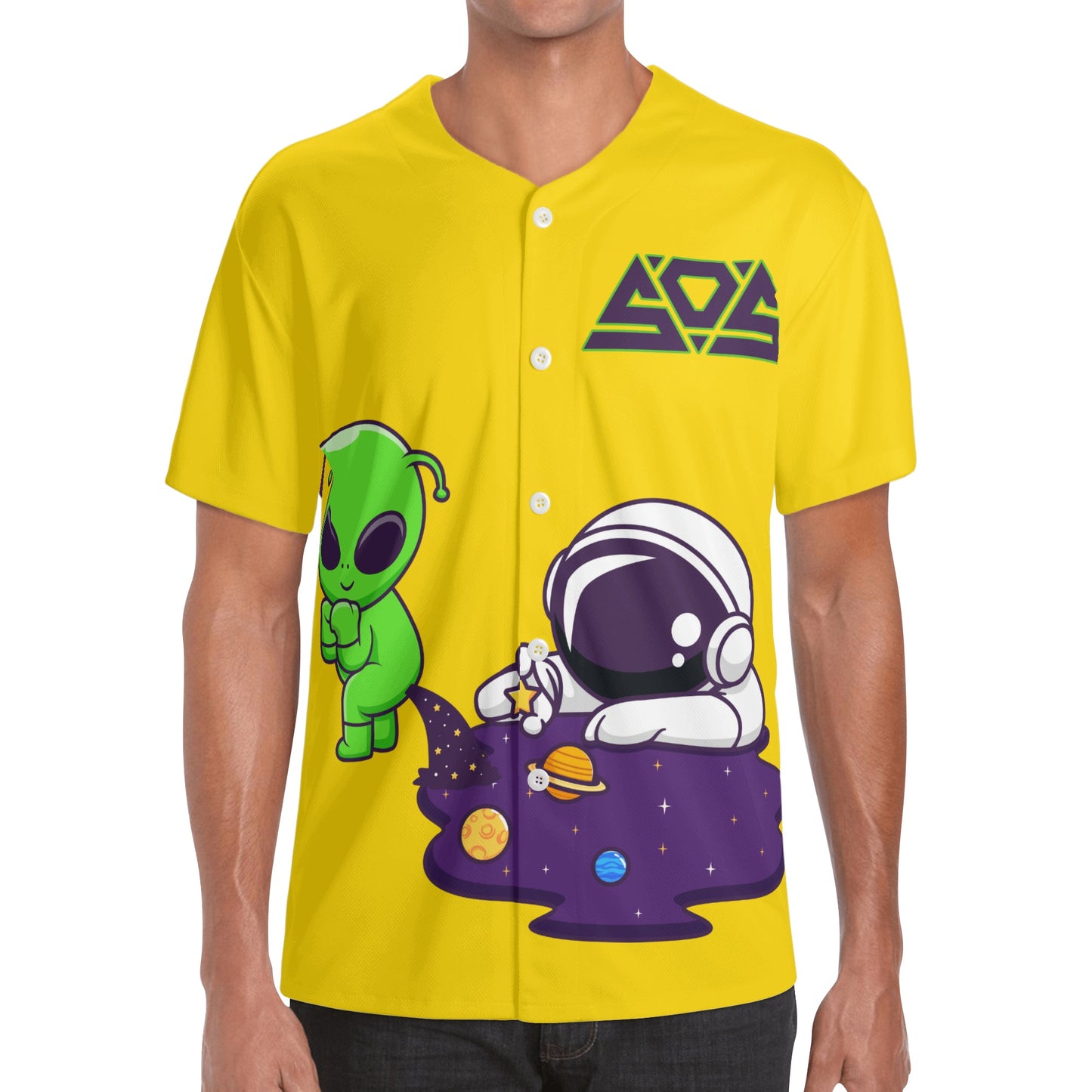 Space Aliens Mens Gold Short Sleeve Baseball Jersey