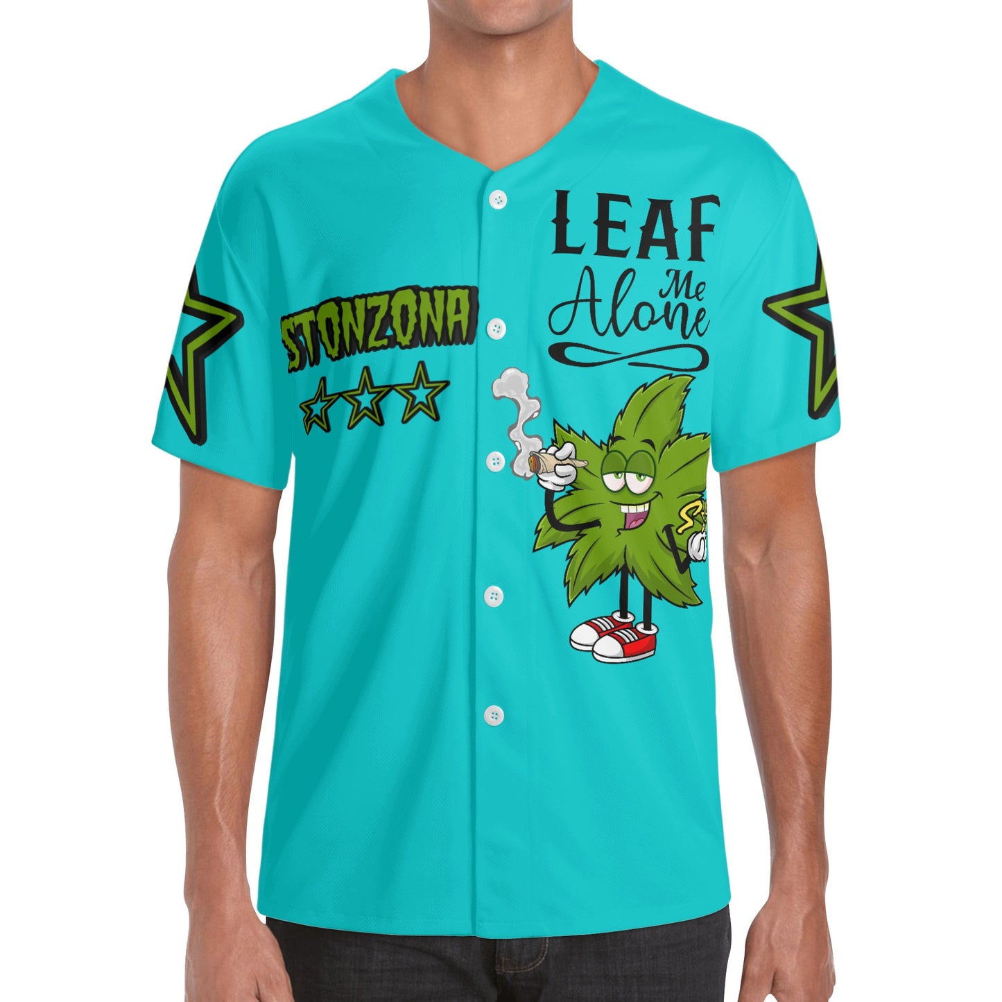 Leaf Me Alone 2.0 4/20 StonZona Edition Mens Turquoise Short Sleeve Baseball Jersey