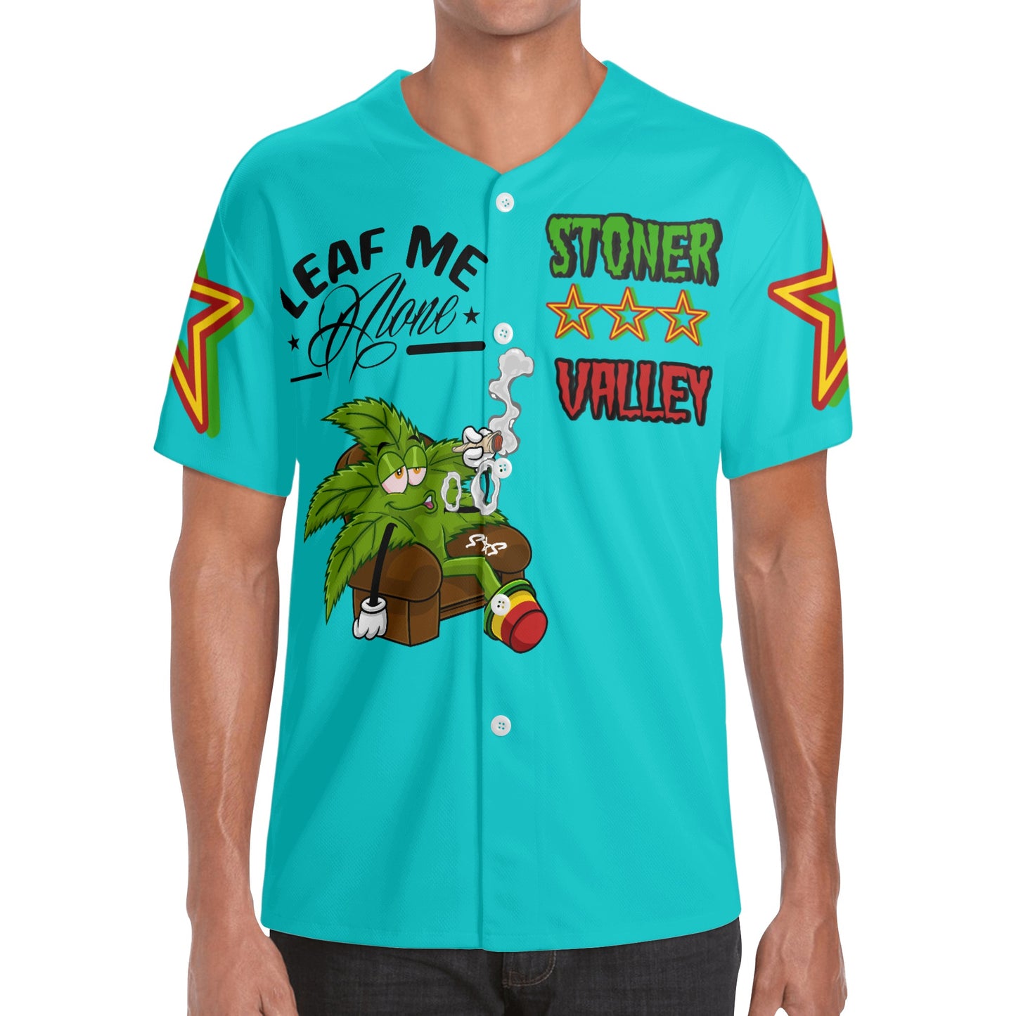 Leaf Me Alone 1.0 4/20 Stoner Valley Edition Mens Turquoise Short Sleeve Baseball Jersey