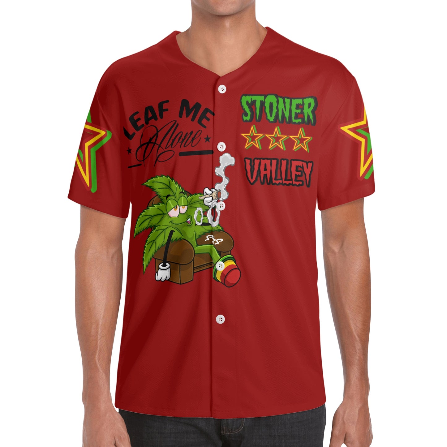 Leaf Me Alone 1.0 4/20 Stoner Valley Edition Mens Maroon Short Sleeve Baseball Jersey