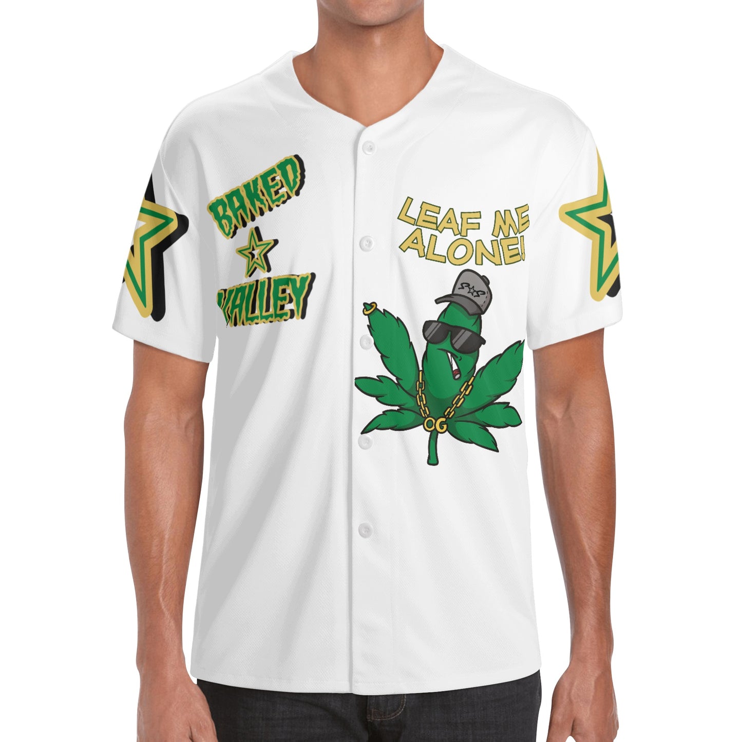 Leaf Me Alone 3.0 4/20 Baked Valley Edition Mens White Short Sleeve Baseball Jersey