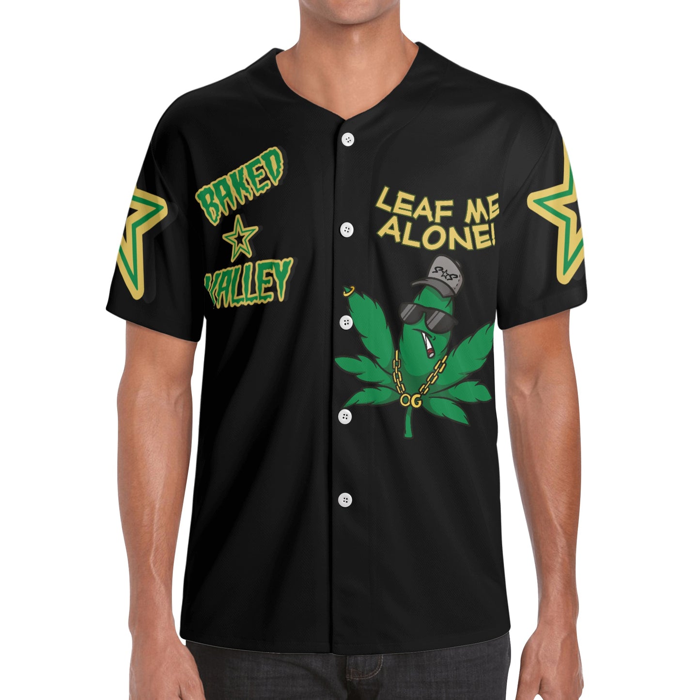 Leaf Me Alone 3.0 4/20 Baked Valley Edition Mens Black Short Sleeve Baseball Jersey