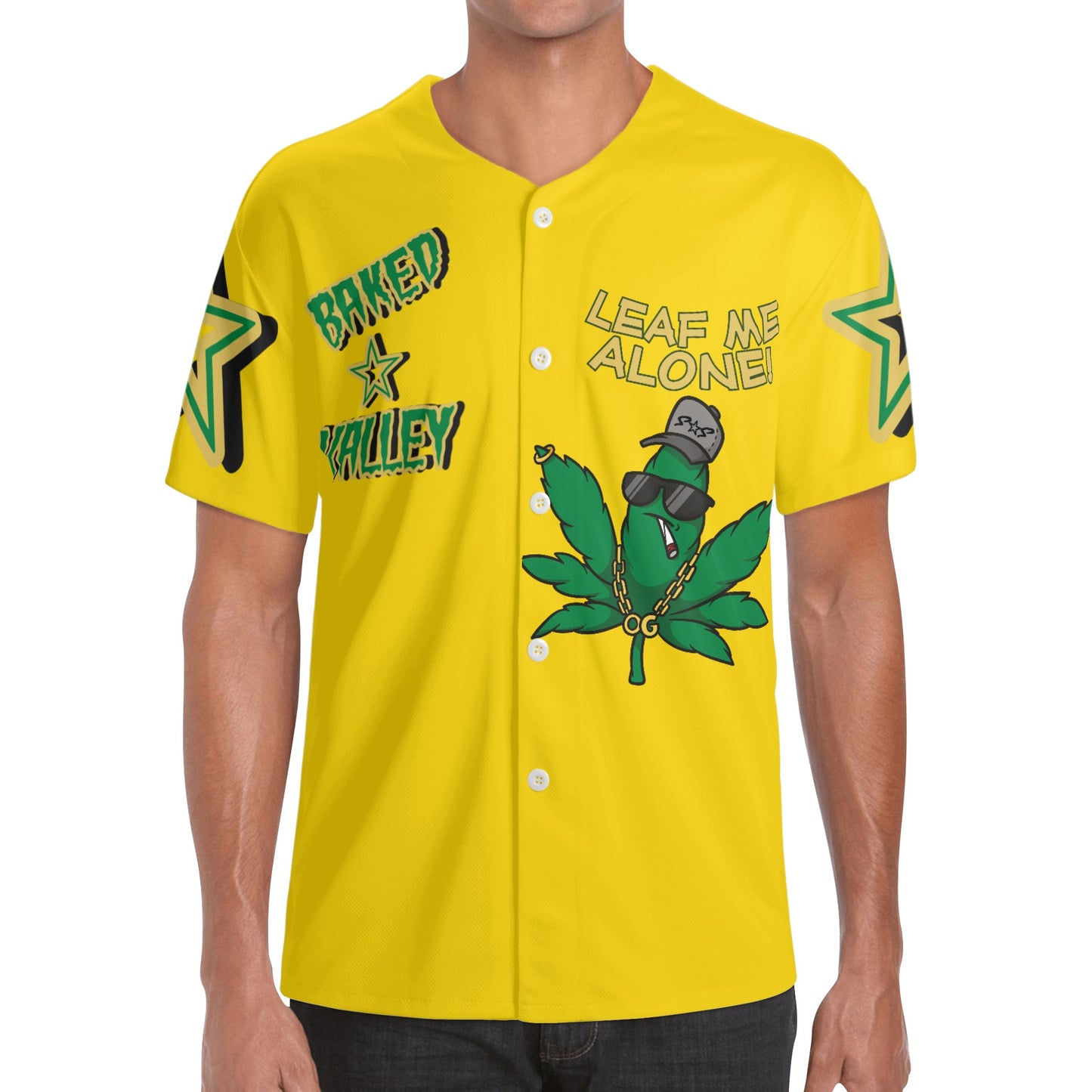 Leaf Me Alone 3.0 4/20 Baked Valley Edition Mens Gold Short Sleeve Baseball Jersey