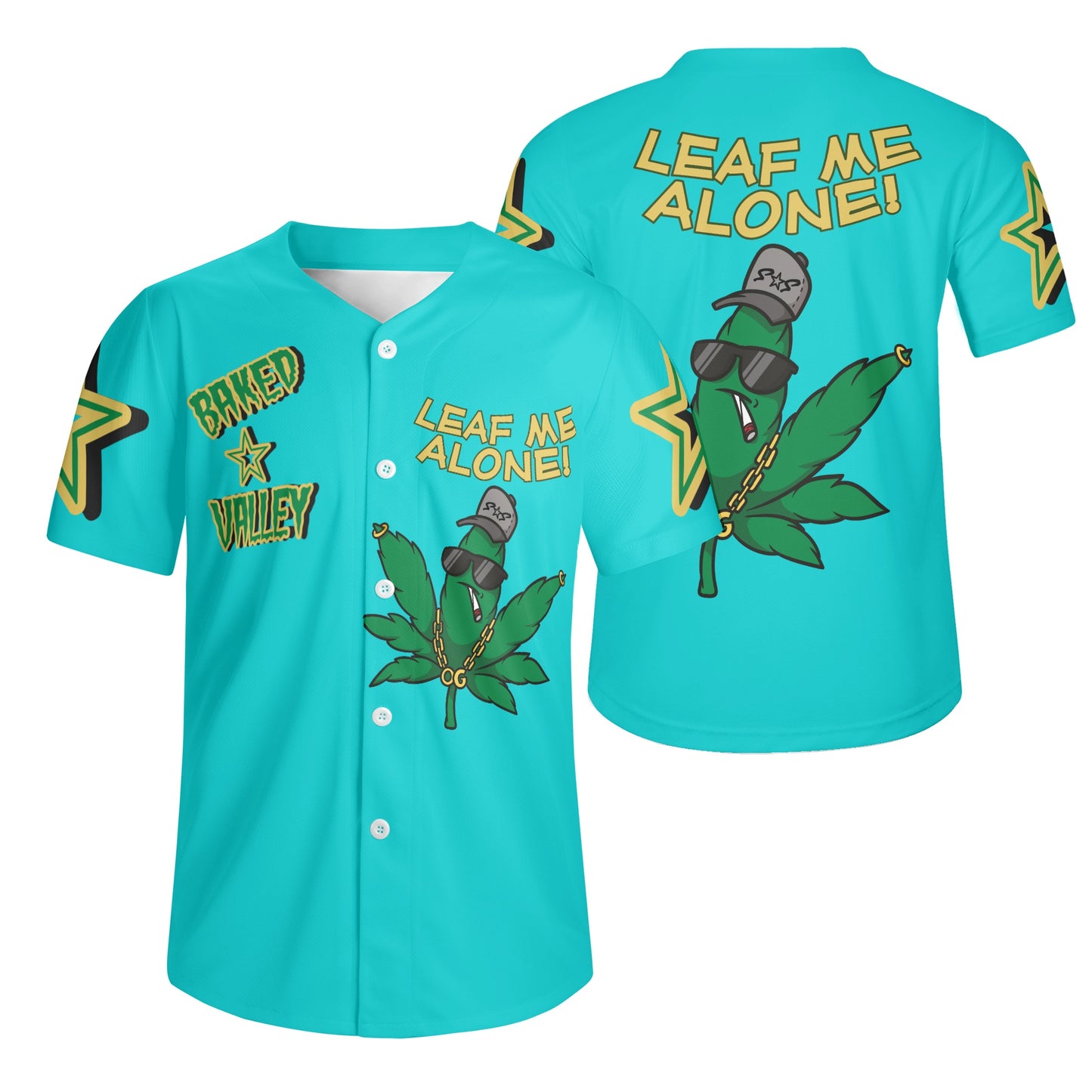 Leaf Me Alone 3.0 4/20 Baked Valley Edition Mens Turquoise Short Sleeve Baseball Jersey