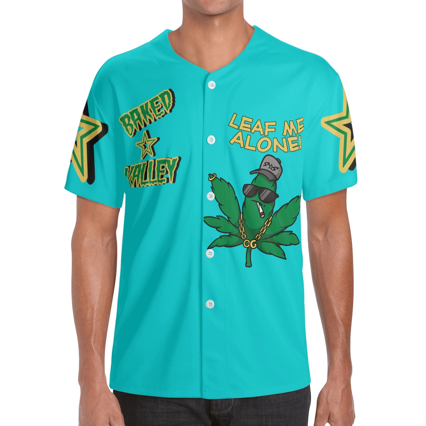 Leaf Me Alone 3.0 4/20 Baked Valley Edition Mens Turquoise Short Sleeve Baseball Jersey