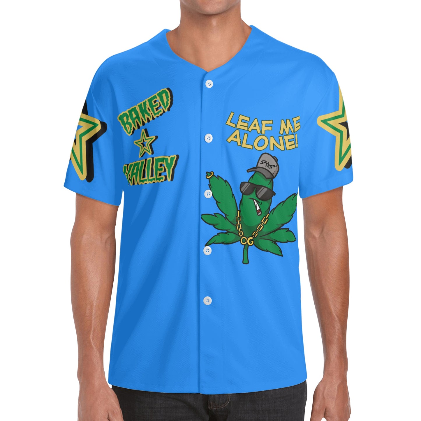 Leaf Me Alone 3.0 4/20 Baked Valley Edition Mens Blue Short Sleeve Baseball Jersey