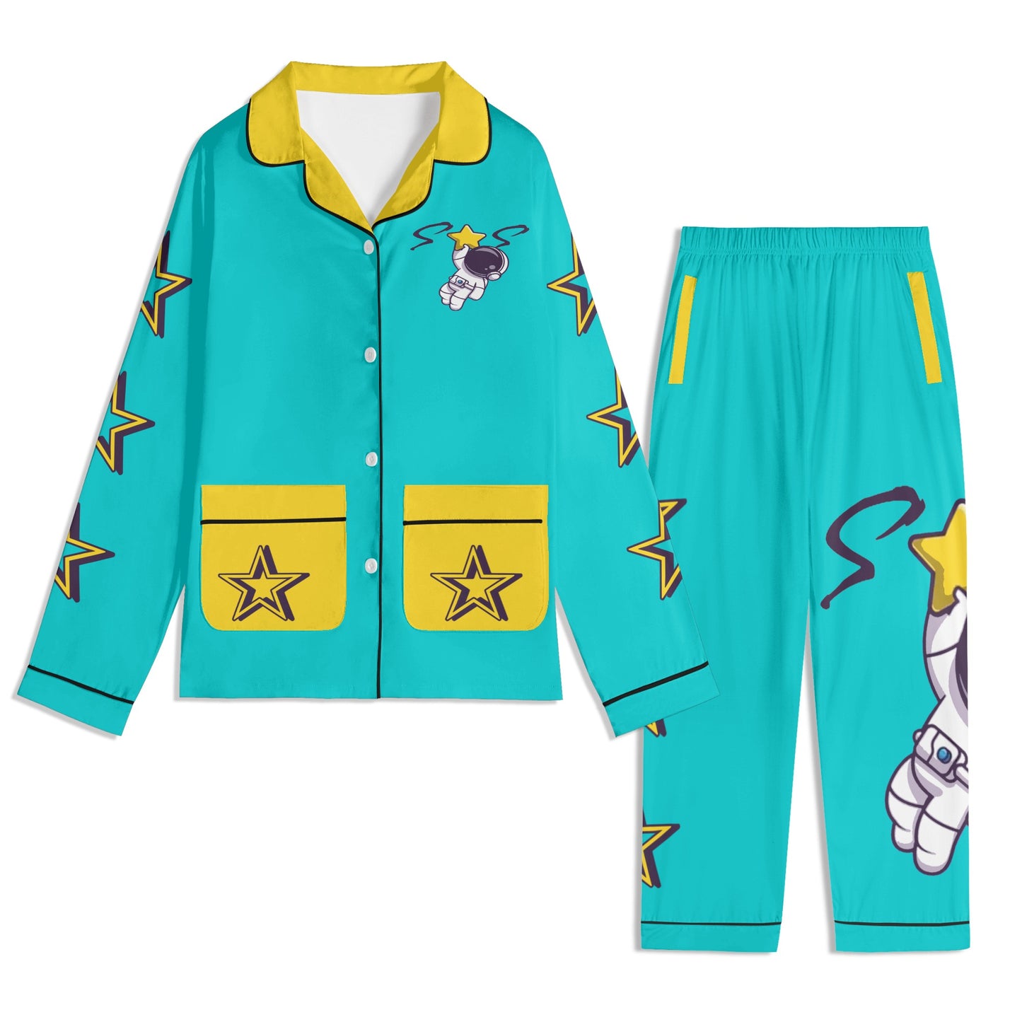 Space Man 23 Children Turquoise/Gold Long Sleeve Nightwear Pajama Set