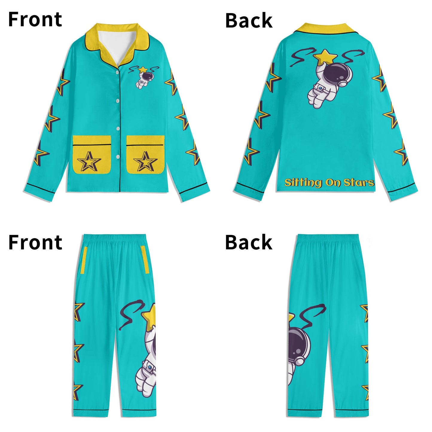 Space Man 23 Children Turquoise/Gold Long Sleeve Nightwear Pajama Set