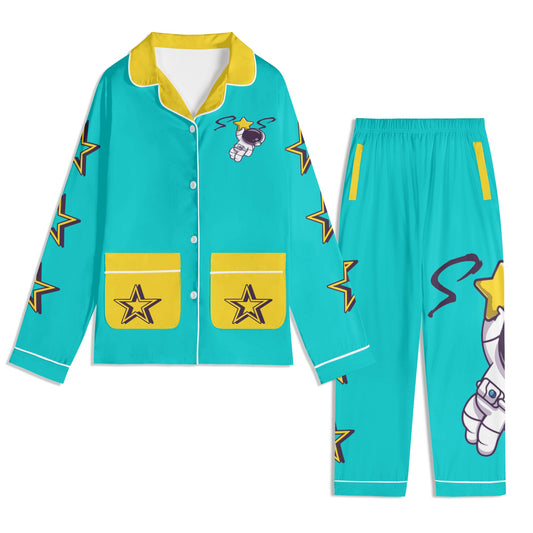 Space Man 23 Children Turquoise/Gold Long Sleeve Nightwear Pajama Set