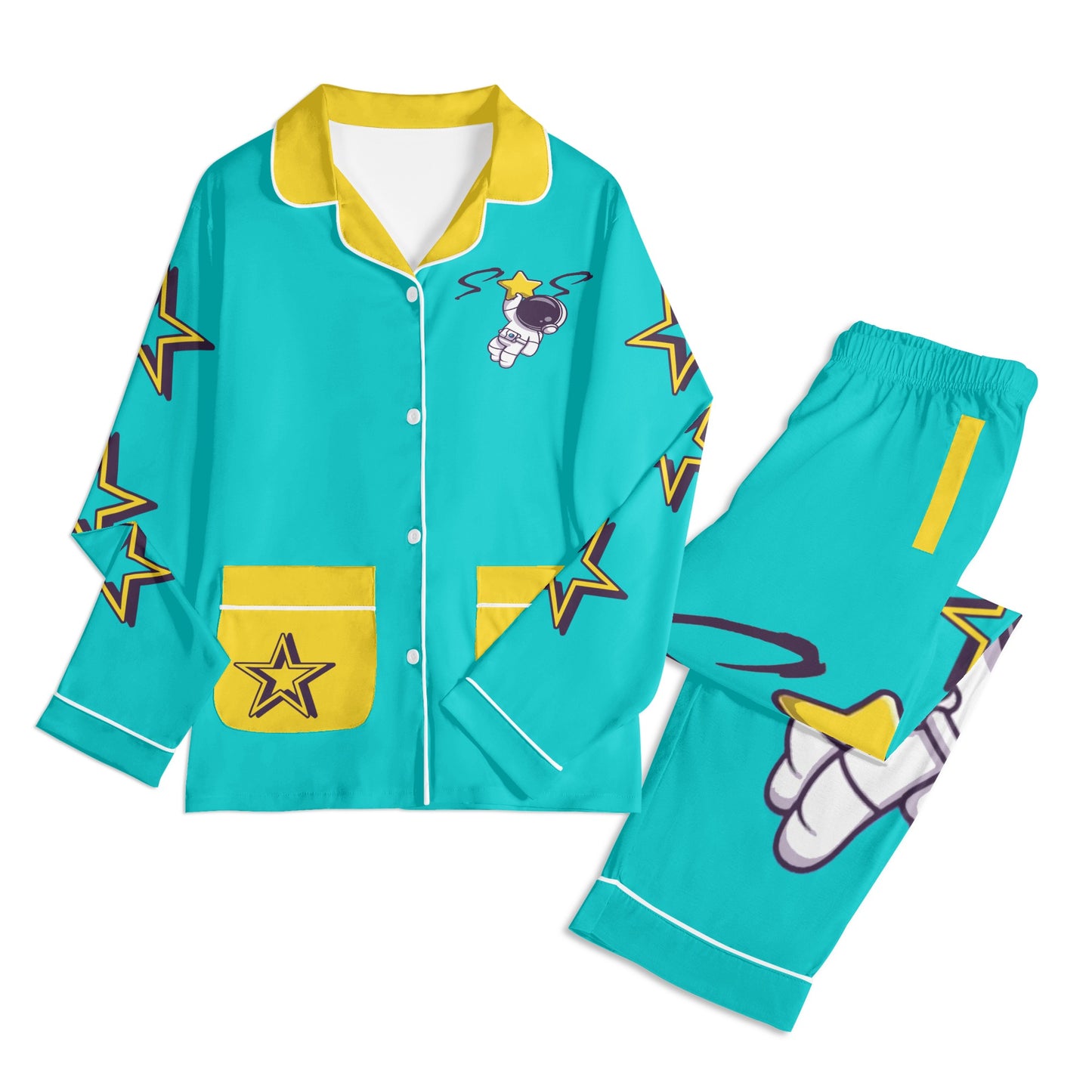 Space Man 23 Children Turquoise/Gold Long Sleeve Nightwear Pajama Set