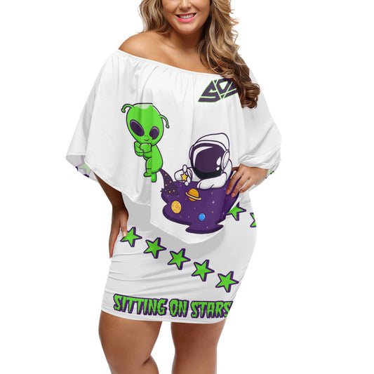 Space Aliens S.O.S Edition Womens White Off The Shoulder Wrap Dress