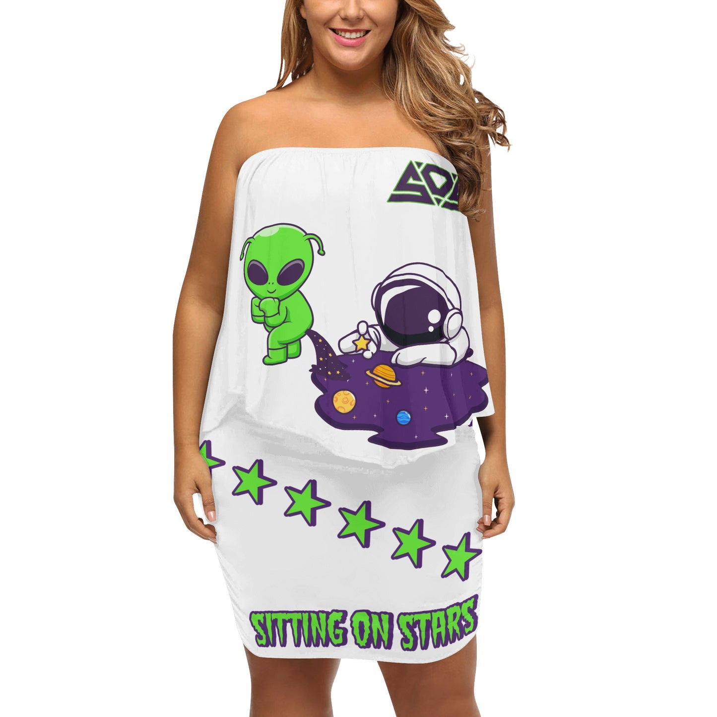 Space Aliens S.O.S Edition Womens White Off The Shoulder Wrap Dress