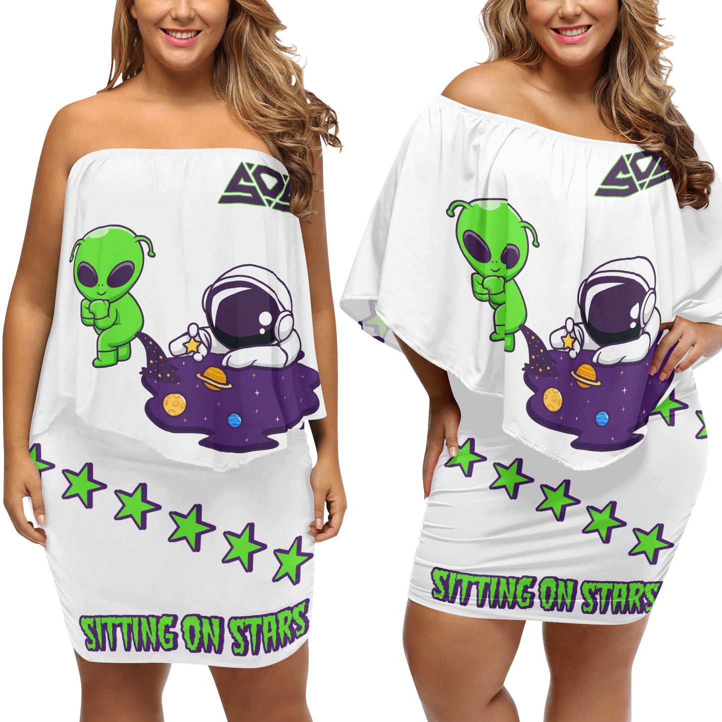 Space Aliens S.O.S Edition Womens White Off The Shoulder Wrap Dress