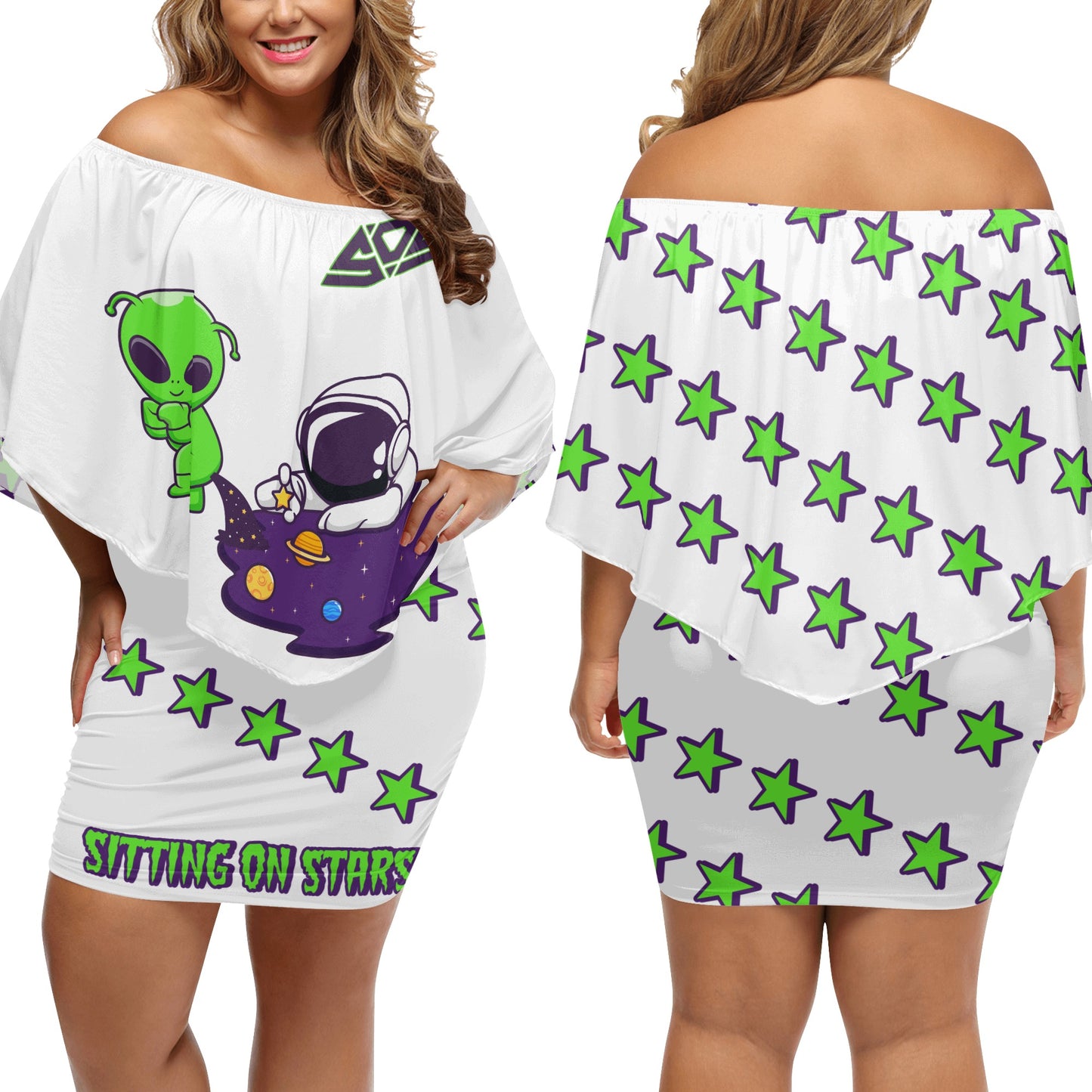 Space Aliens S.O.S Edition Womens White Off The Shoulder Wrap Dress