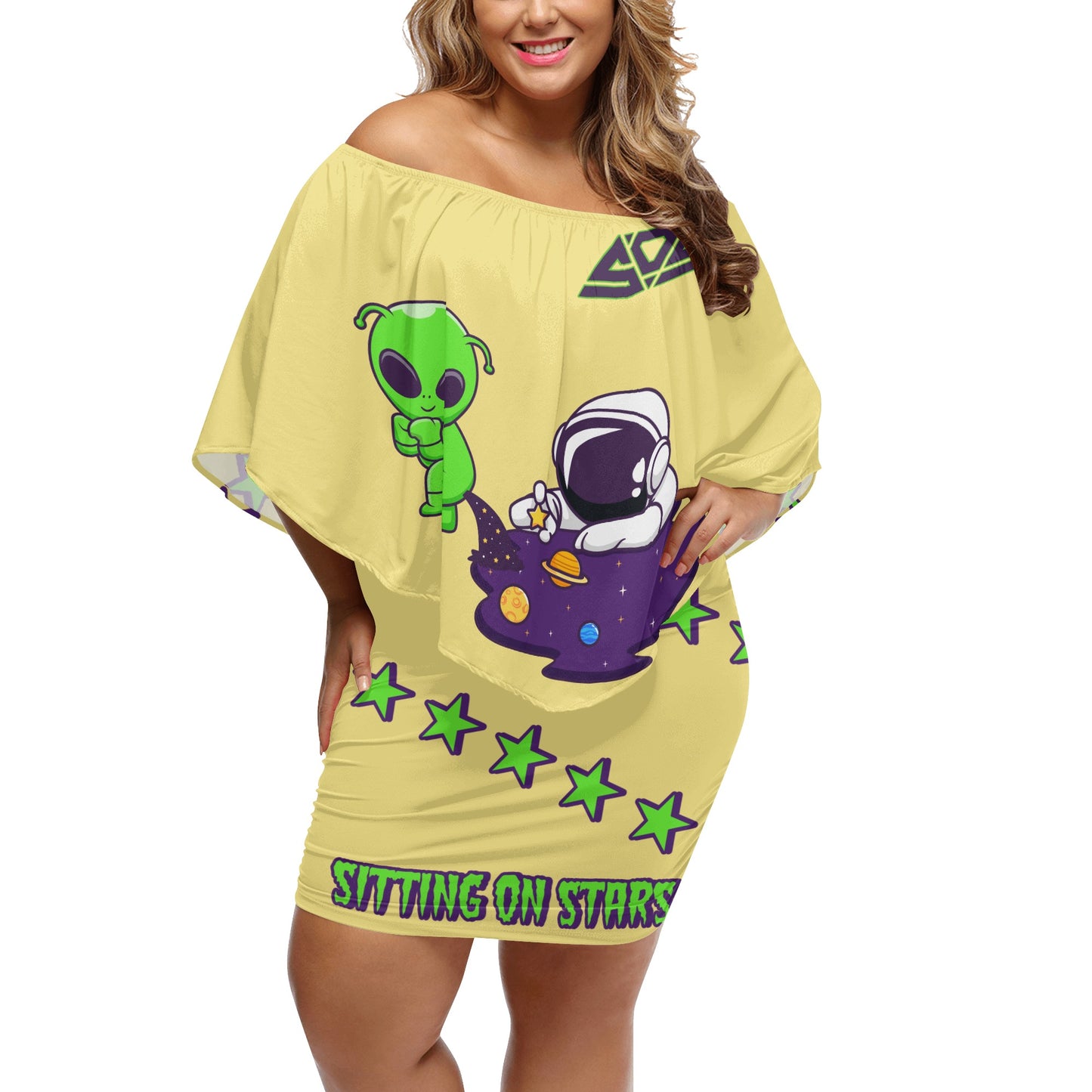 Space Aliens S.O.S Edition Womens Tan Off The Shoulder Wrap Dress