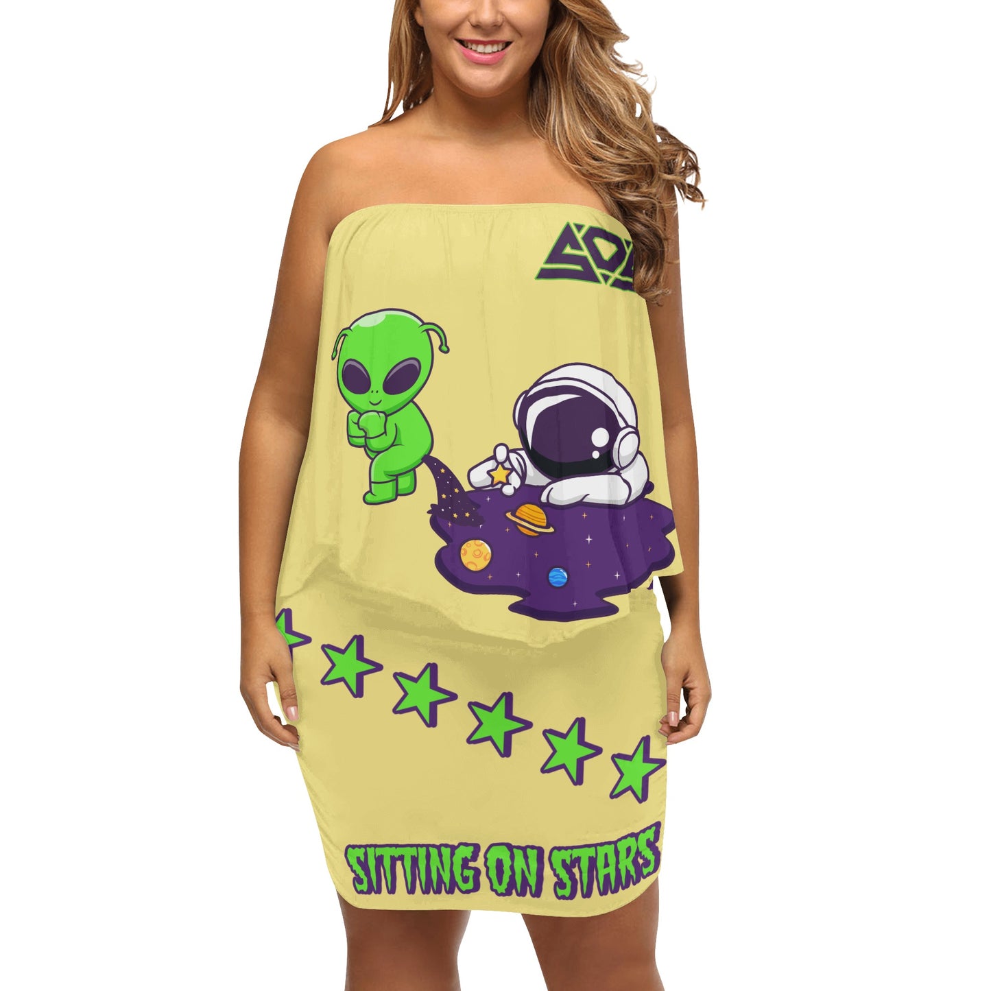 Space Aliens S.O.S Edition Womens Tan Off The Shoulder Wrap Dress