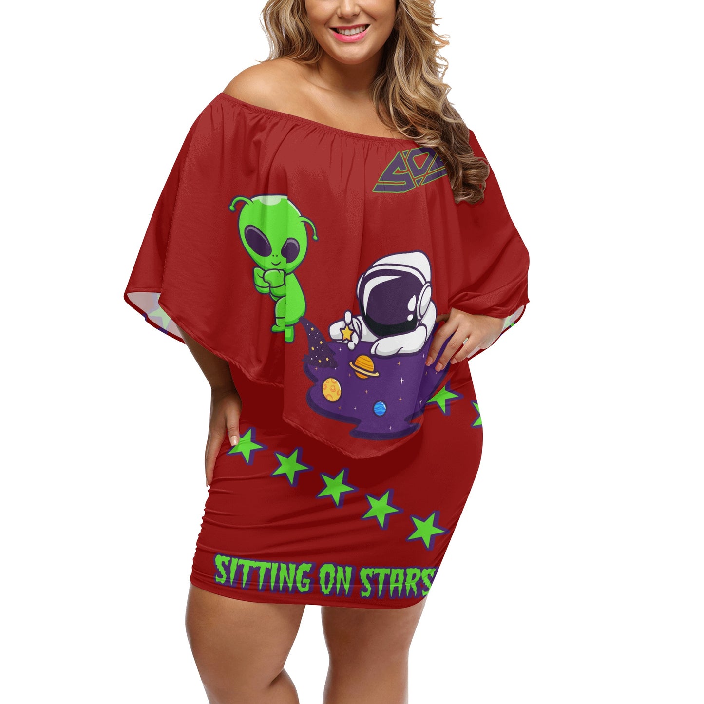 Space Aliens S.O.S Edition Womens Maroon Off The Shoulder Wrap Dress