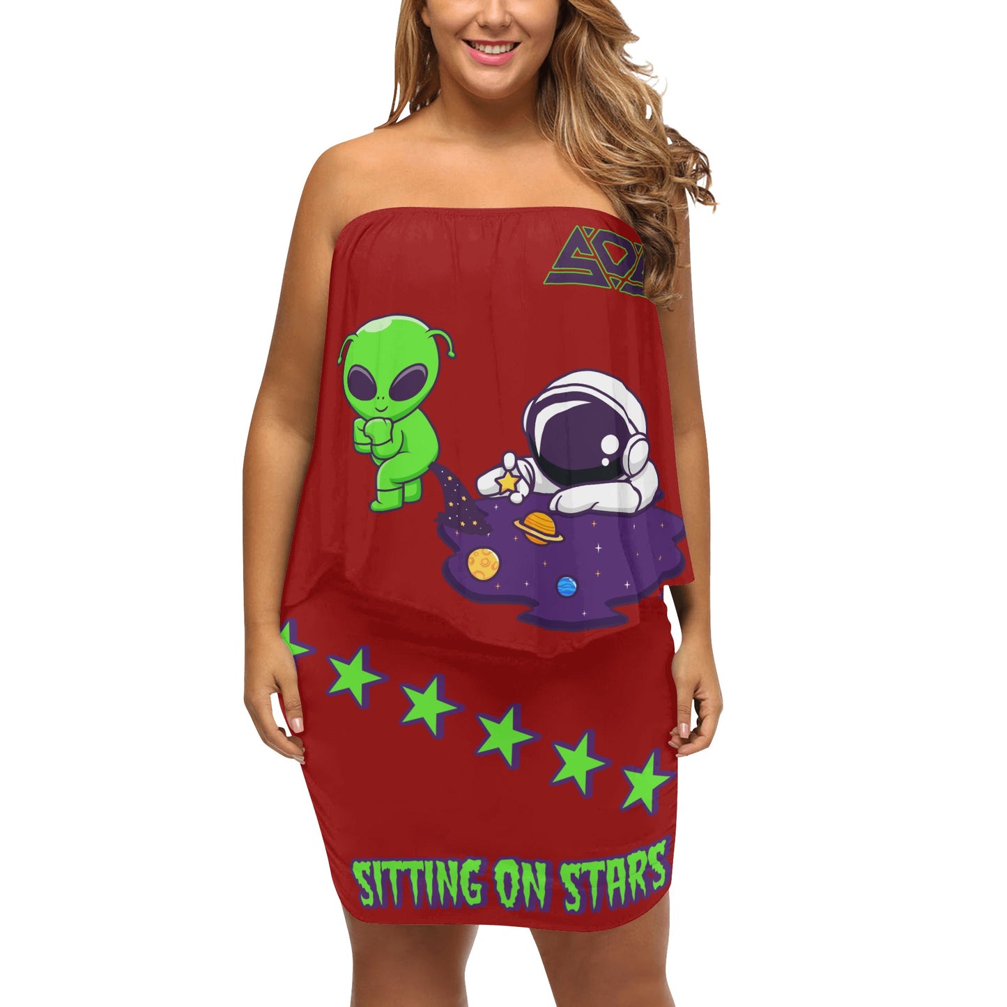 Space Aliens S.O.S Edition Womens Maroon Off The Shoulder Wrap Dress