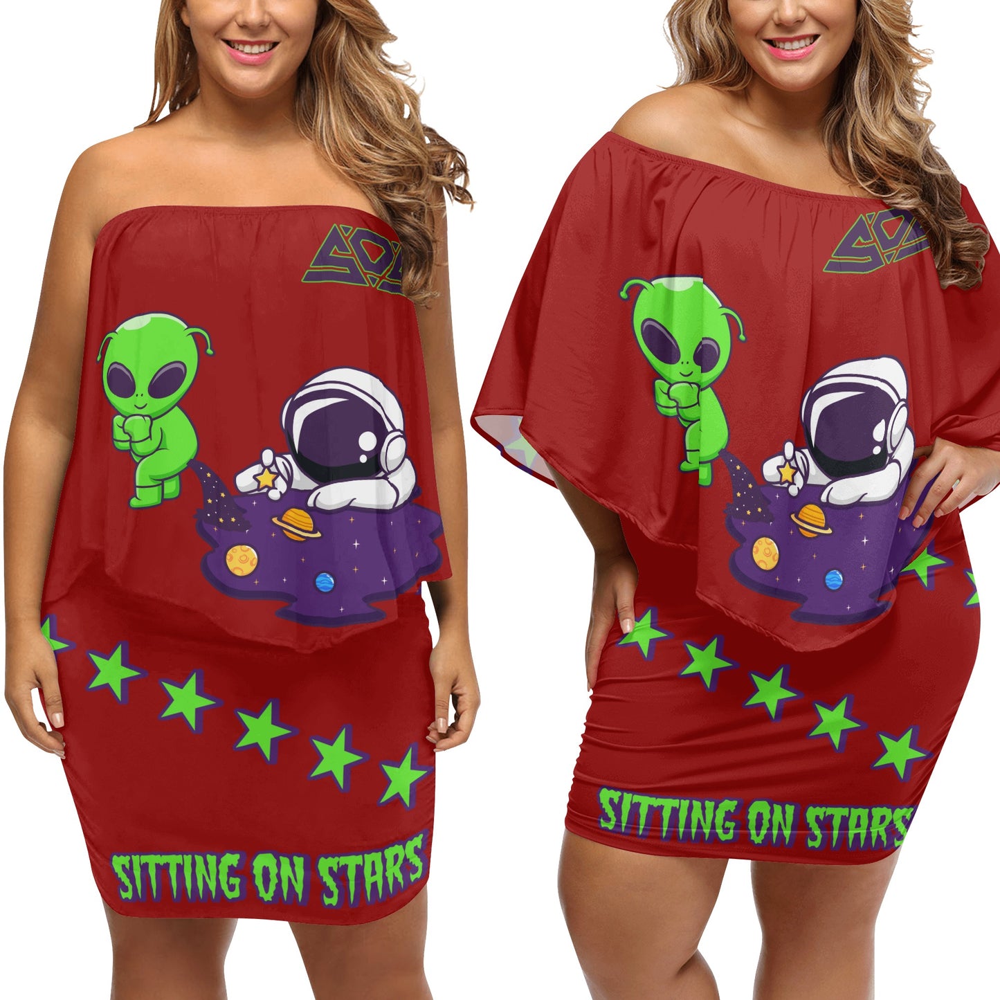 Space Aliens S.O.S Edition Womens Maroon Off The Shoulder Wrap Dress