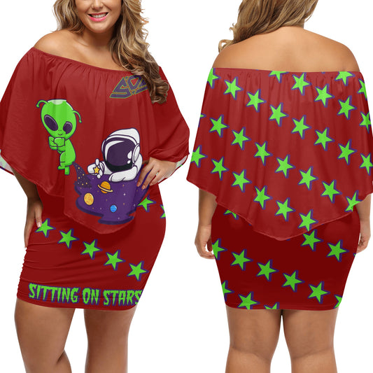 Space Aliens S.O.S Edition Womens Maroon Off The Shoulder Wrap Dress