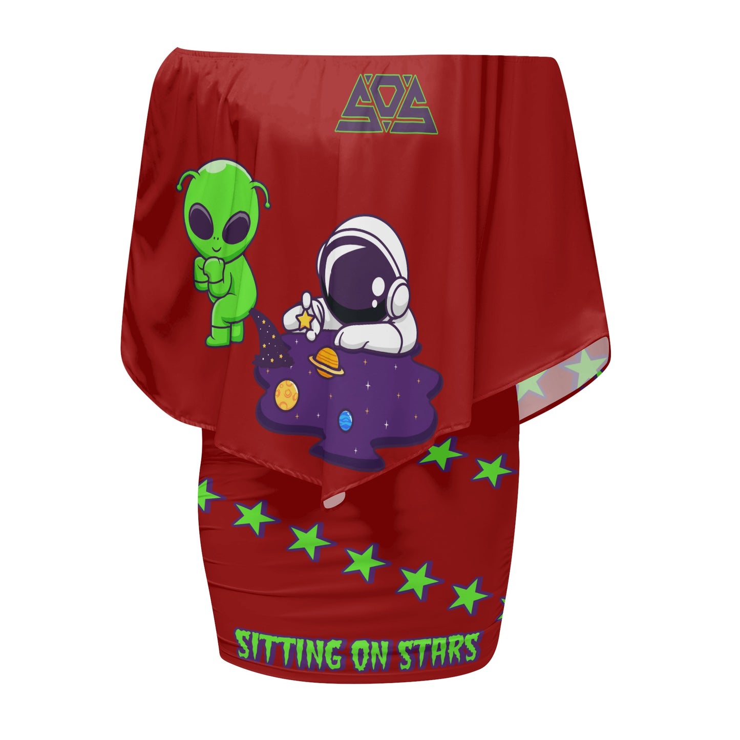 Space Aliens S.O.S Edition Womens Maroon Off The Shoulder Wrap Dress