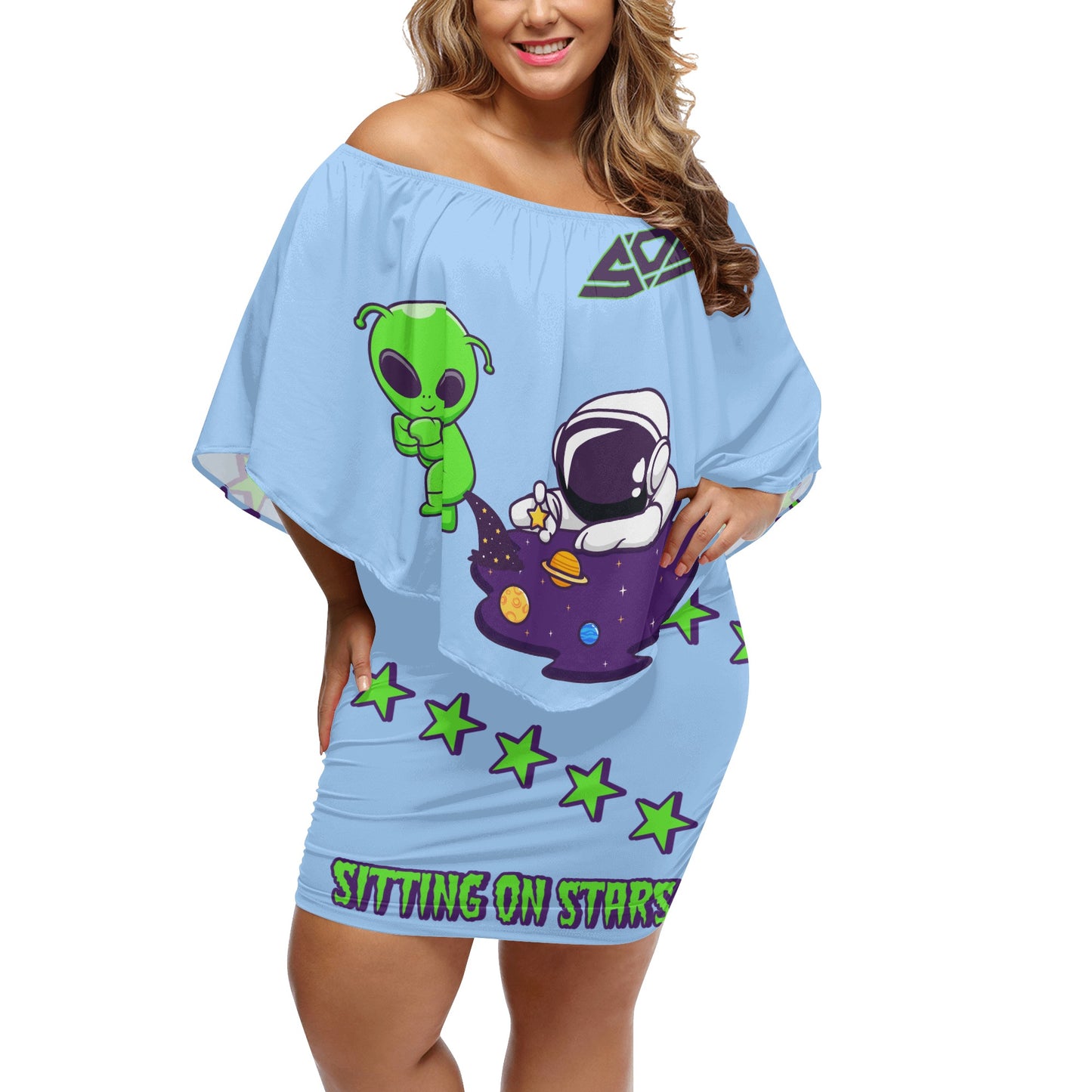 Space Aliens S.O.S Edition Womens Sky Blue Off The Shoulder Wrap Dress