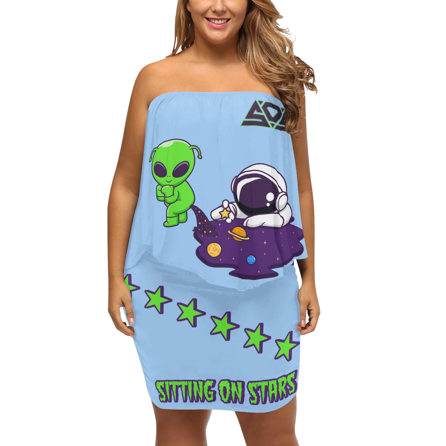 Space Aliens S.O.S Edition Womens Sky Blue Off The Shoulder Wrap Dress