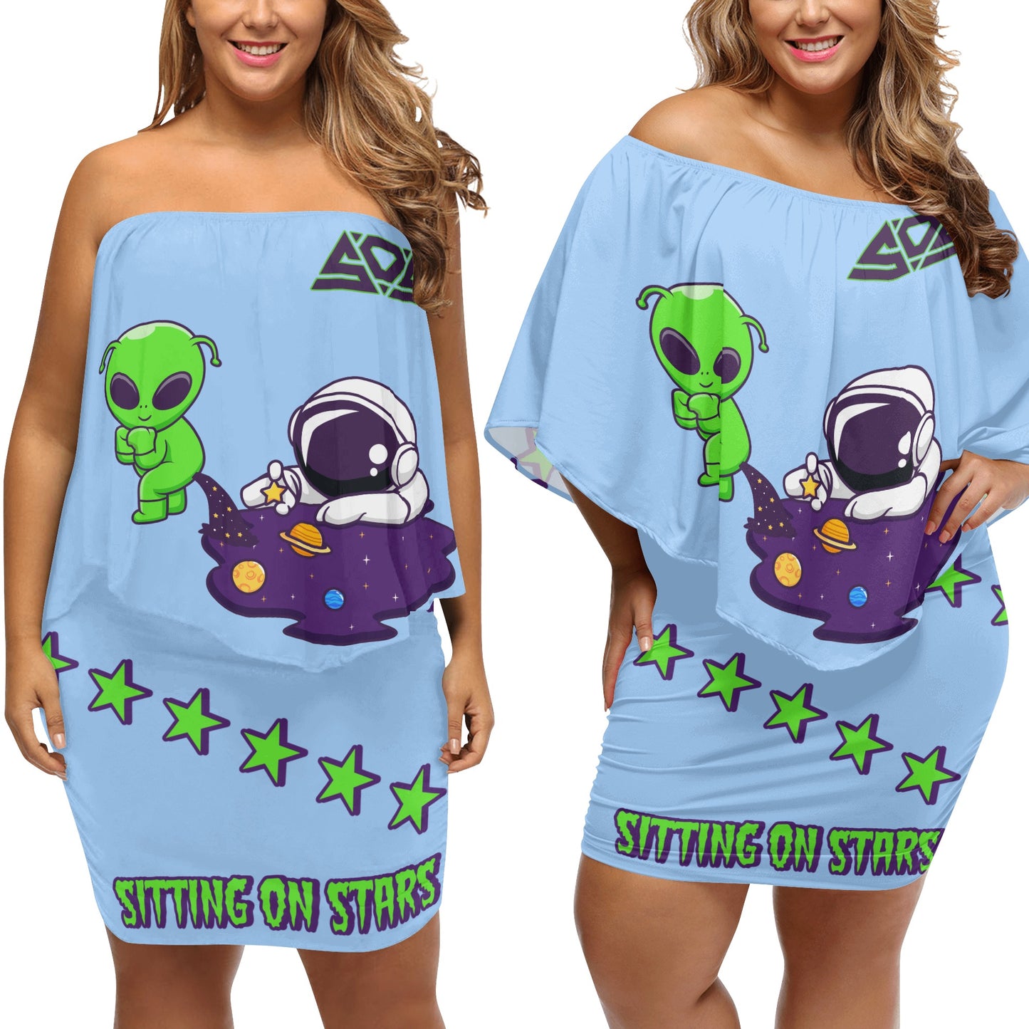 Space Aliens S.O.S Edition Womens Sky Blue Off The Shoulder Wrap Dress