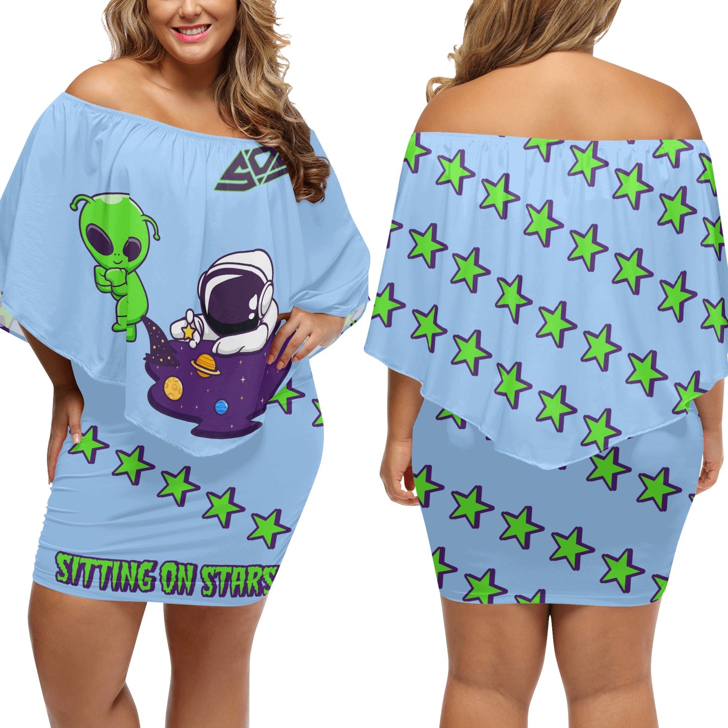 Space Aliens S.O.S Edition Womens Sky Blue Off The Shoulder Wrap Dress