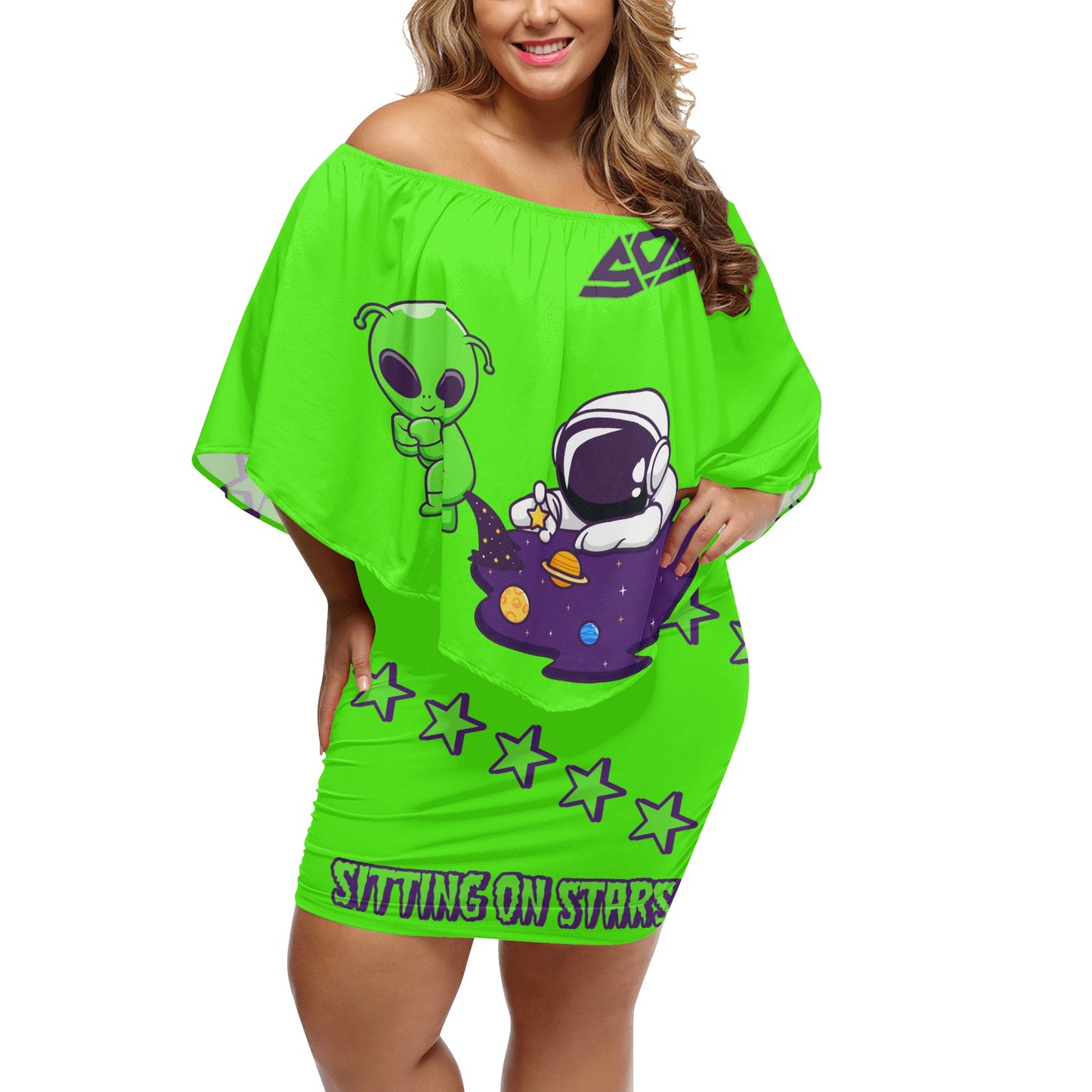 Space Aliens S.O.S Edition Womens Goo Green Off The Shoulder Wrap Dress