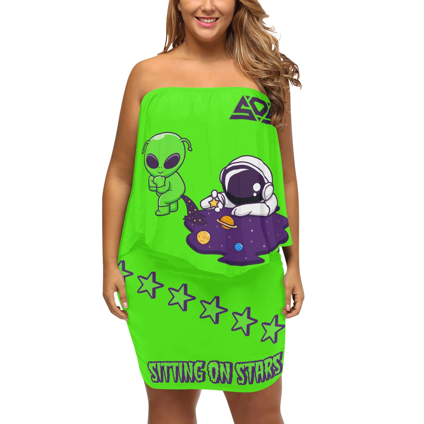 Space Aliens S.O.S Edition Womens Goo Green Off The Shoulder Wrap Dress