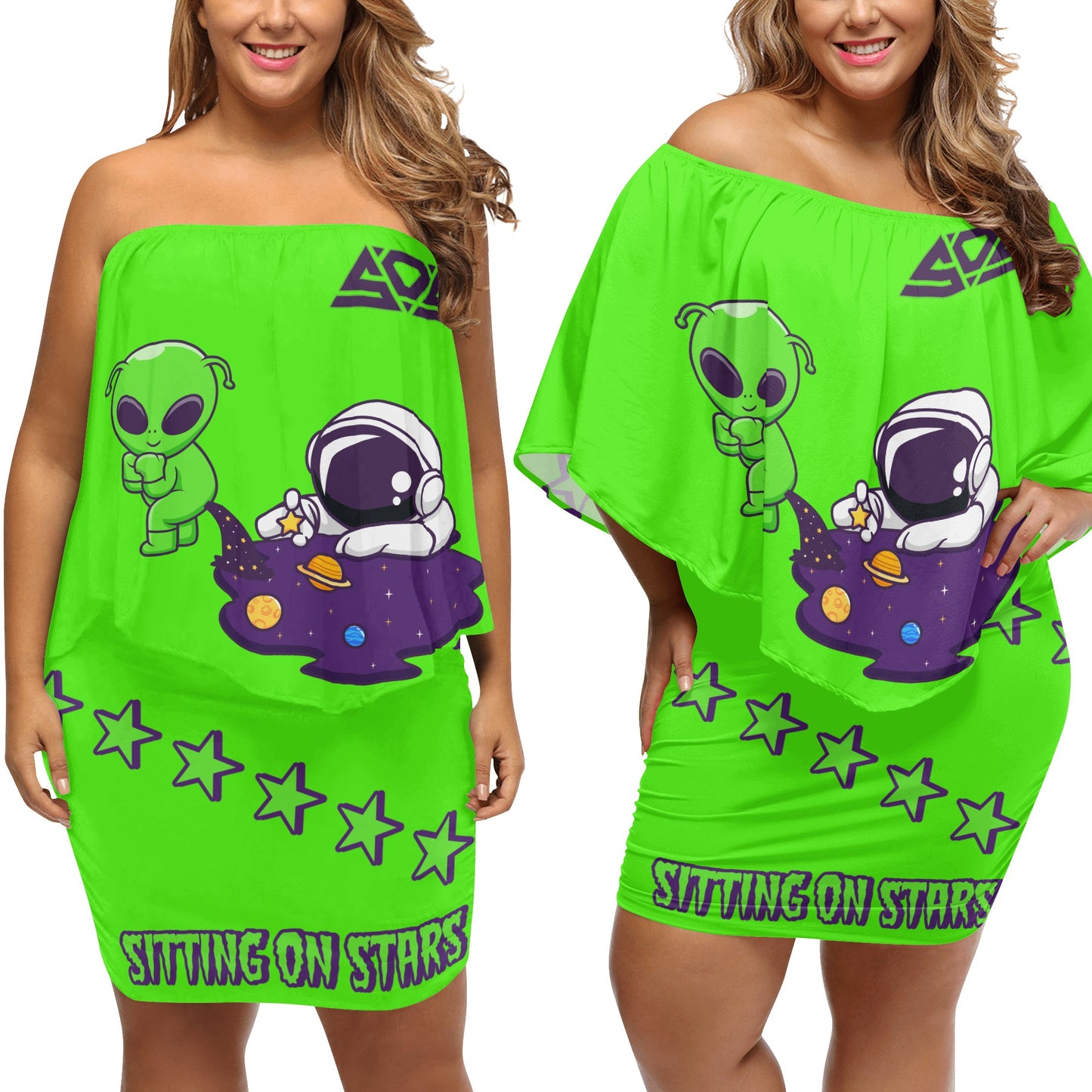 Space Aliens S.O.S Edition Womens Goo Green Off The Shoulder Wrap Dress