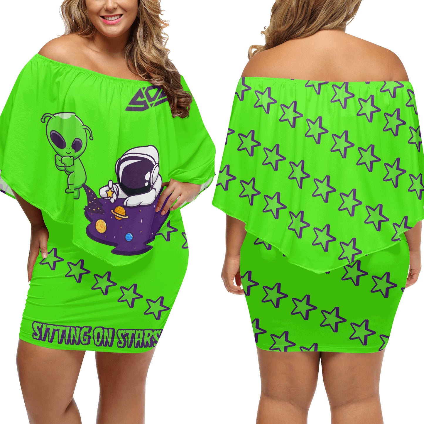 Space Aliens S.O.S Edition Womens Goo Green Off The Shoulder Wrap Dress