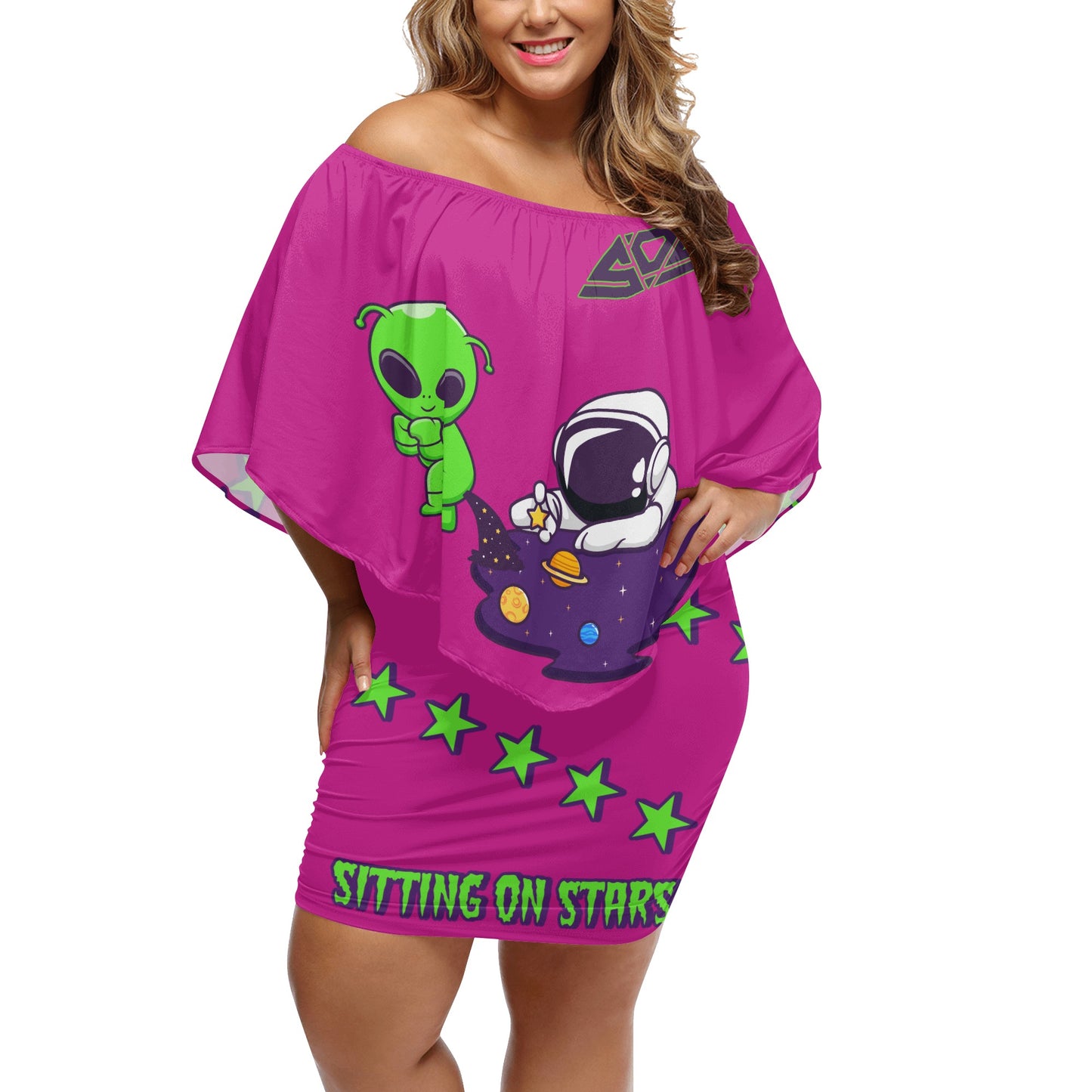 Space Aliens S.O.S Edition Womens Purple Off The Shoulder Wrap Dress