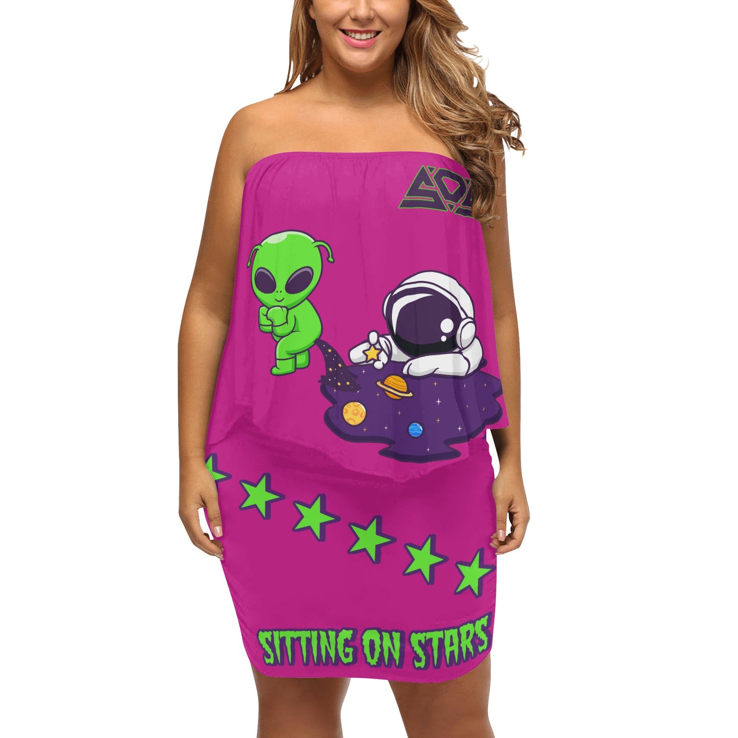 Space Aliens S.O.S Edition Womens Purple Off The Shoulder Wrap Dress