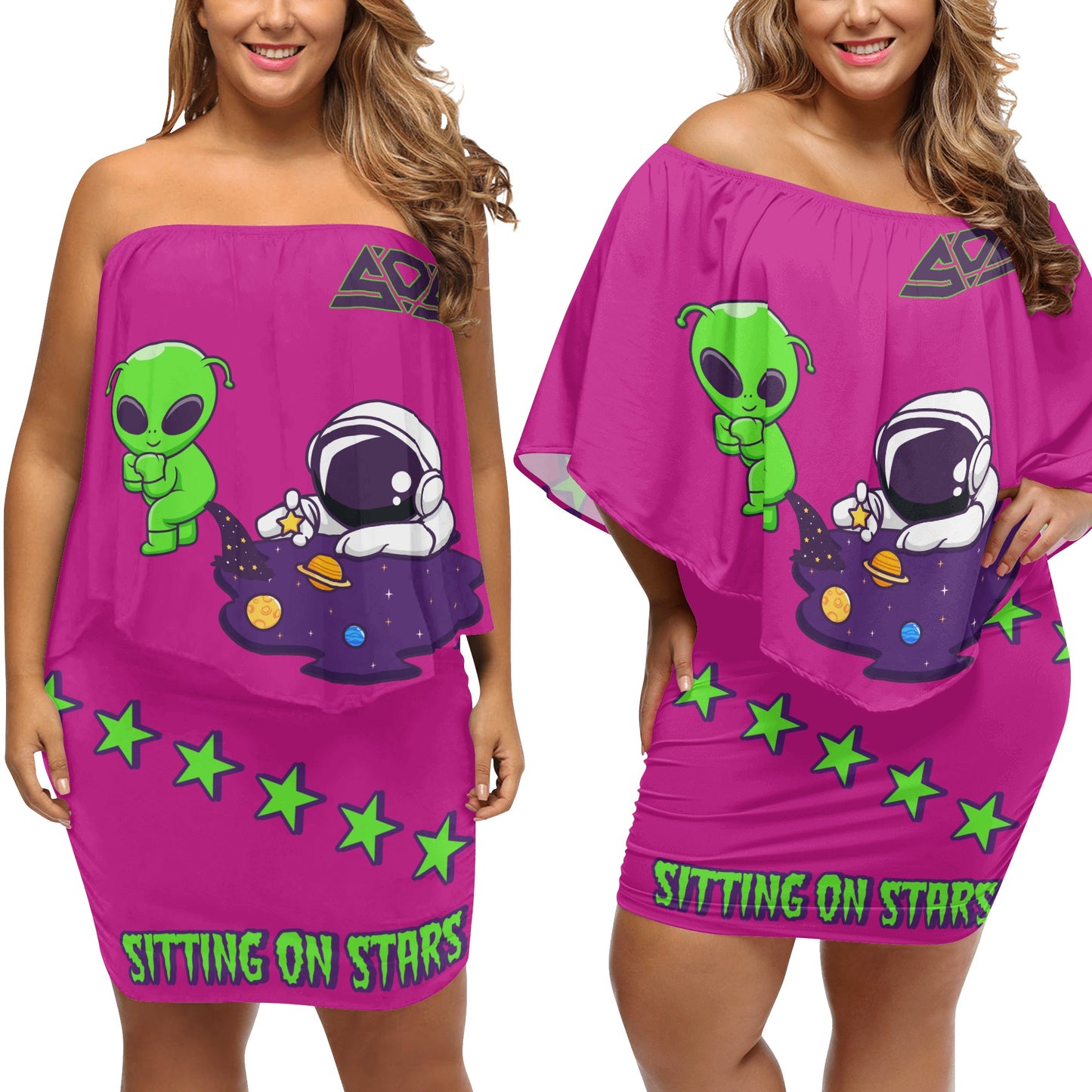 Space Aliens S.O.S Edition Womens Purple Off The Shoulder Wrap Dress