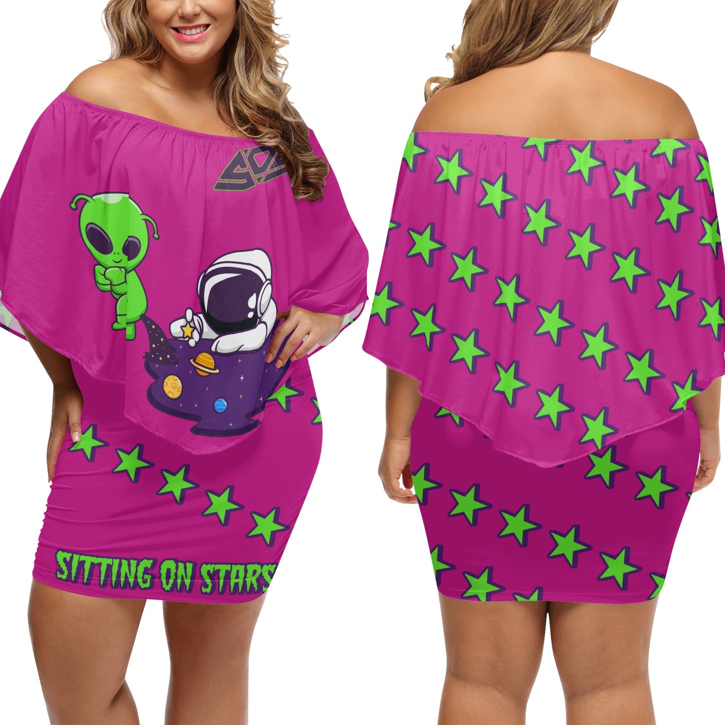 Space Aliens S.O.S Edition Womens Purple Off The Shoulder Wrap Dress