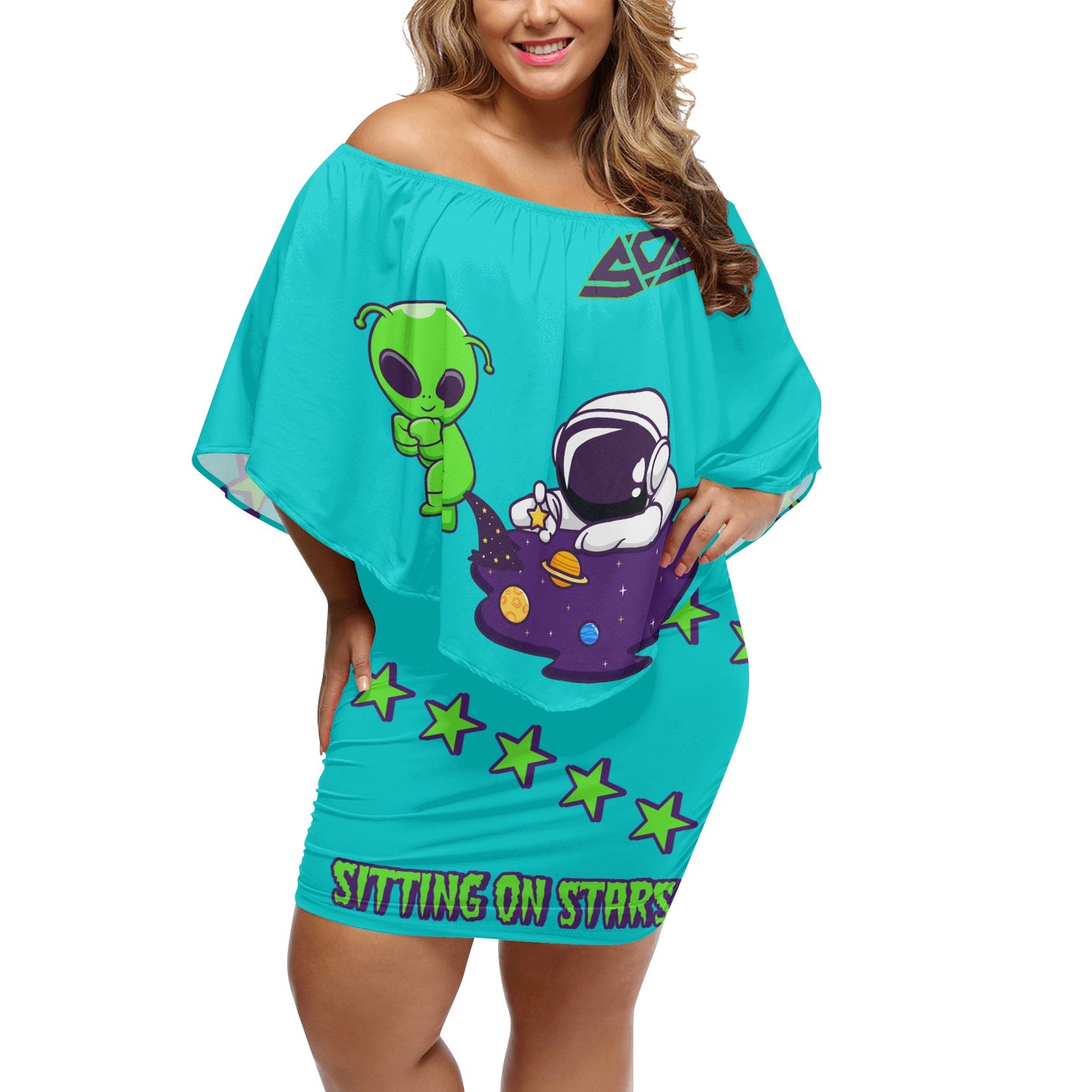 Space Aliens S.O.S Edition Womens Turquoise Off The Shoulder Wrap Dress