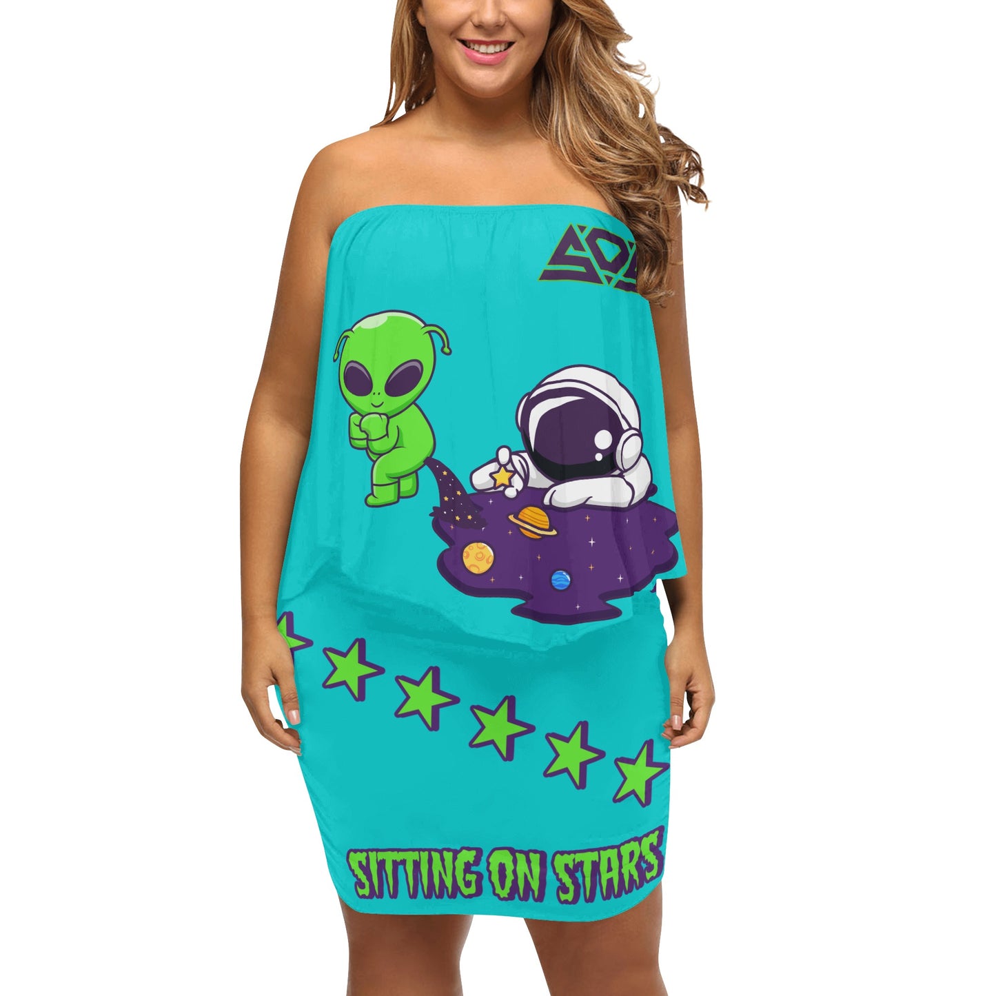 Space Aliens S.O.S Edition Womens Turquoise Off The Shoulder Wrap Dress